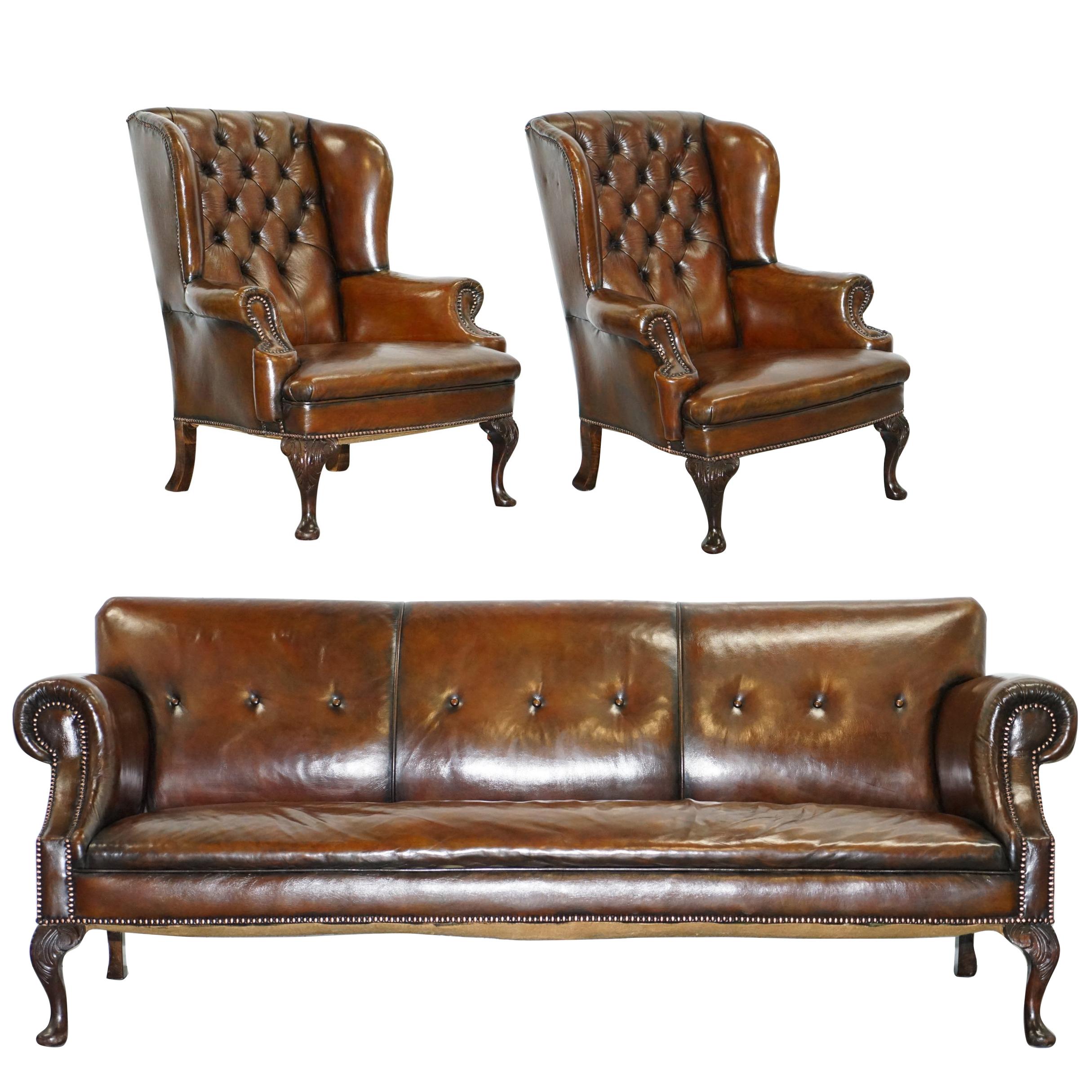 Restored Deep Brown Leather Chesterfield Suite Pair of Wingback Armchairs & Sofa