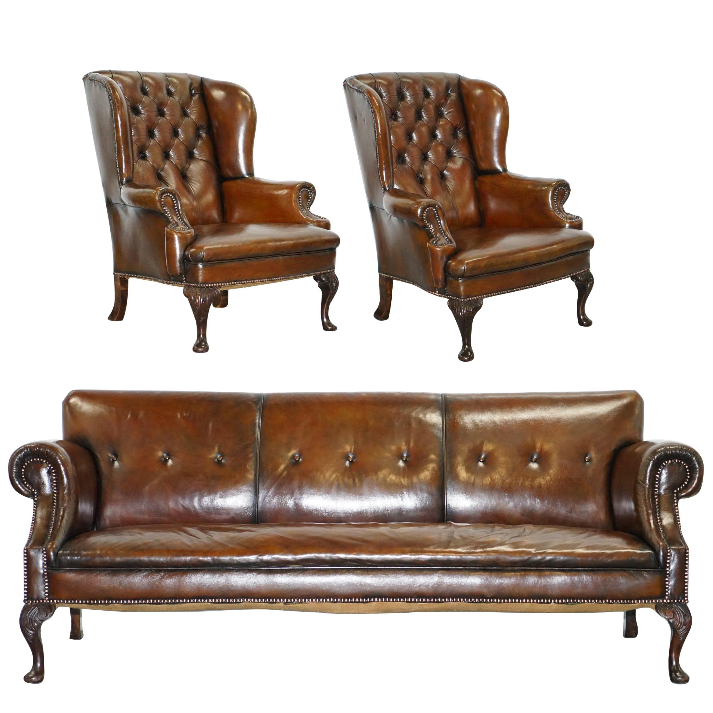 Restored Deep Brown Leather Chesterfield Suite Pair of Wingback