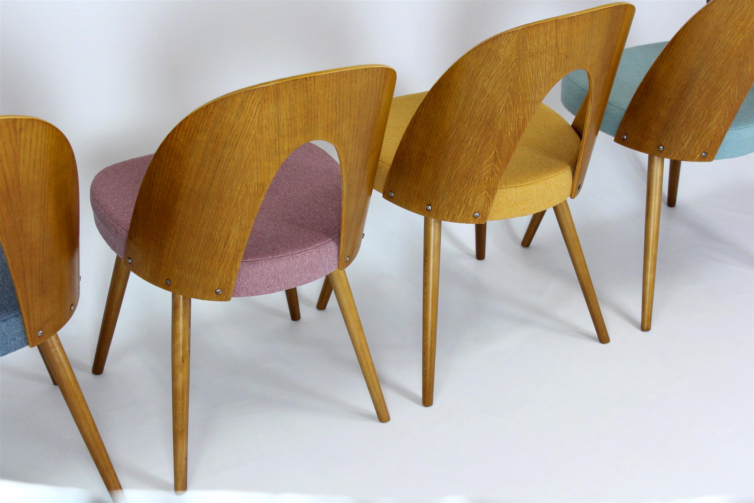 A set of four chairs, designed in the 1960s by Antonin Suman. The chairs are made of beech wood, the backrests are bent plywood with oak veneer.
The chairs have been restored - have new seat foam upholstered with a fabric with increased resistance