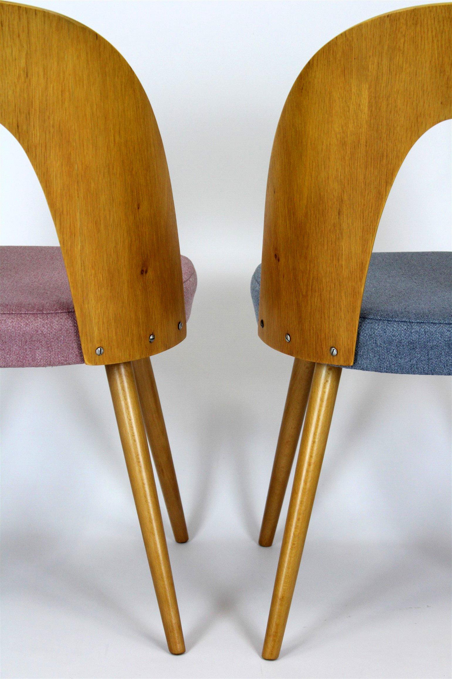 A set of four chairs, designed in the 1960s by Antonin Suman. The chairs are made of beech wood, the backrests are bent plywood with oak veneer.
The chairs have been restored - have new seat foam upholstered with a fabric with increased resistance