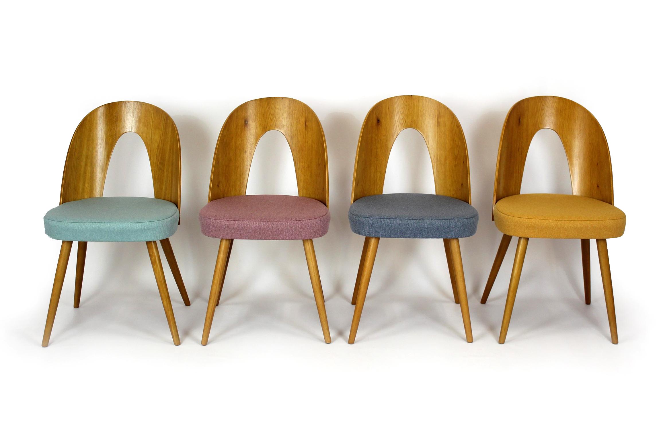 A set of eight chairs, designed in the 1960s by Antonin Suman. The chairs are made of beech wood, the backrests are bent plywood with oak veneer.
The chairs have been completely restored - have new seat foam upholstered with a fabric with increased