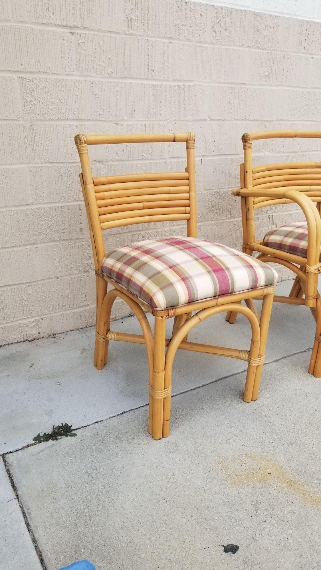Restored Double Arch Arm Rattan Dining Chairs w/ 7 Strand Back, Set of 6 For Sale 2