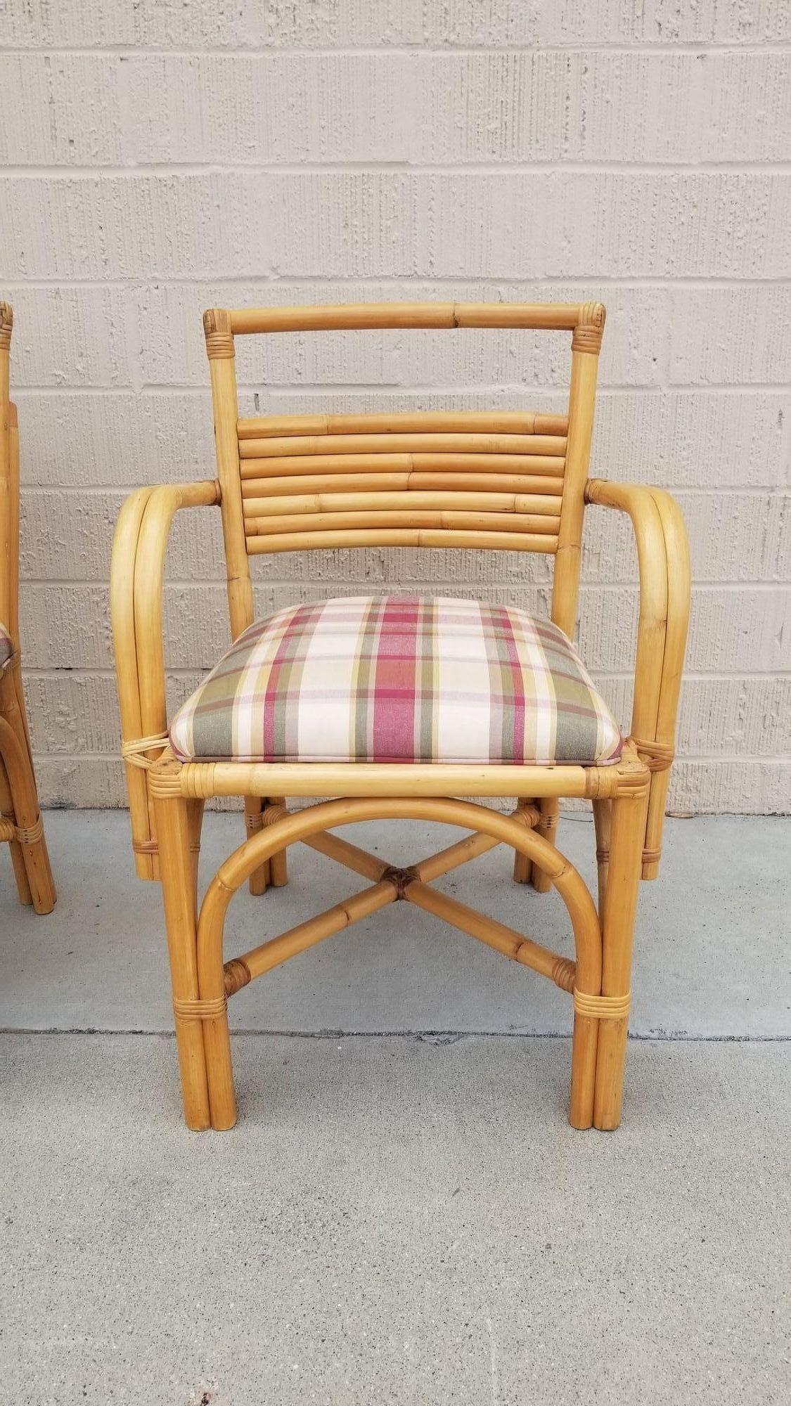 Restored Double Arch Arm Rattan Dining Chairs w/ 7 Strand Back, Set of 6 For Sale 4