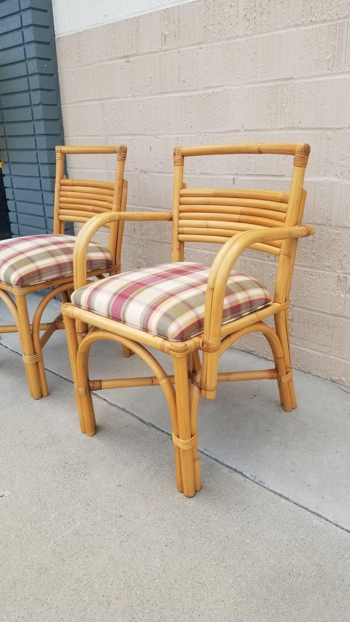 Restored Double Arch Arm Rattan Dining Chairs w/ 7 Strand Back, Set of 6 For Sale 5