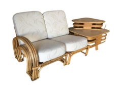 Restored Double Horseshoe Rattan Sofa, Lounge Chair, Side Table Living Room Set