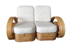 Restored "Double Tear Drop Arm" Rattan Sofa Sectional Settee W/ Stacked Base