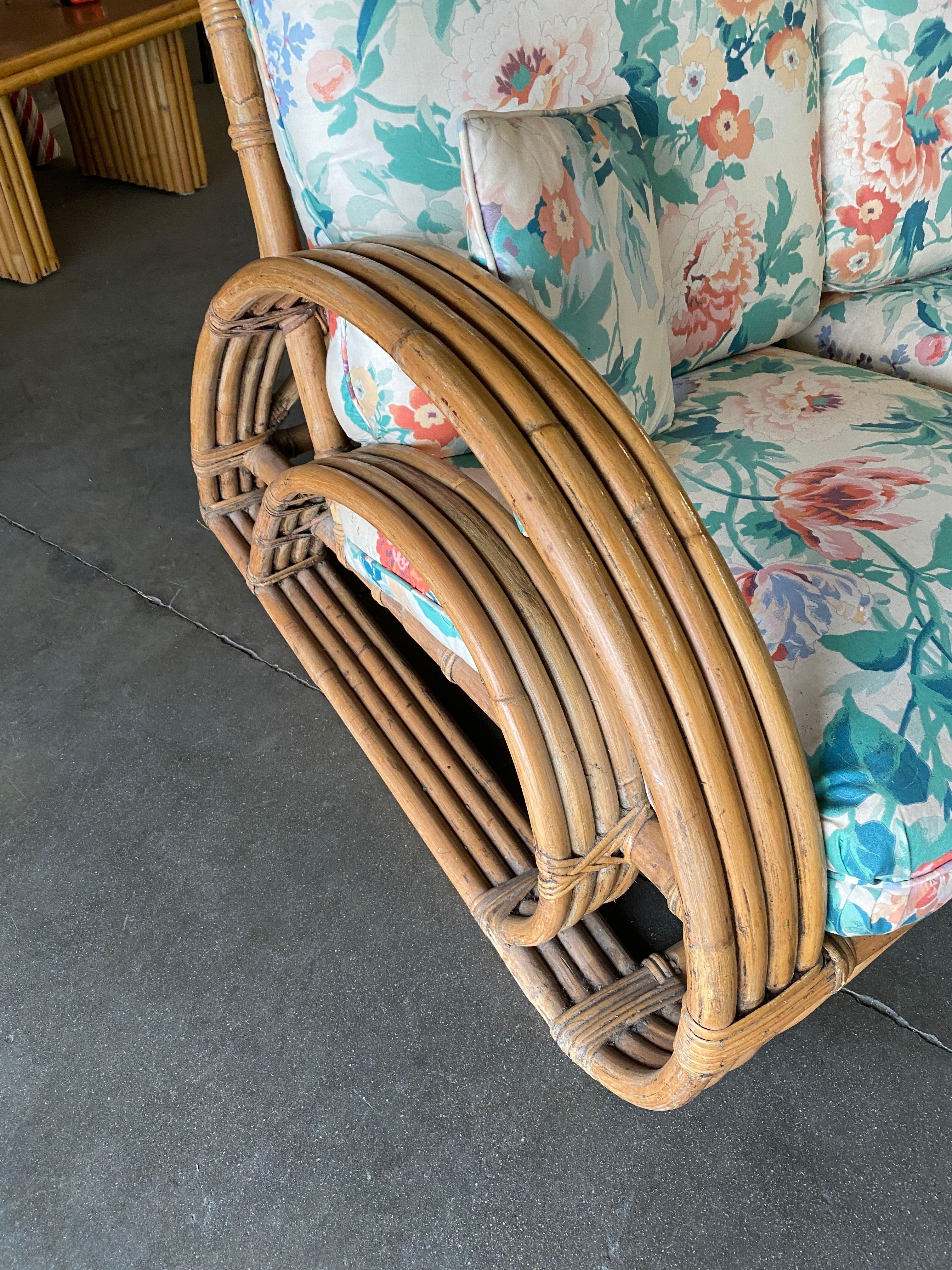 Restored Double D Loop Half Moon Rattan Four-Strand 3 Seater Sofa In Excellent Condition For Sale In Van Nuys, CA