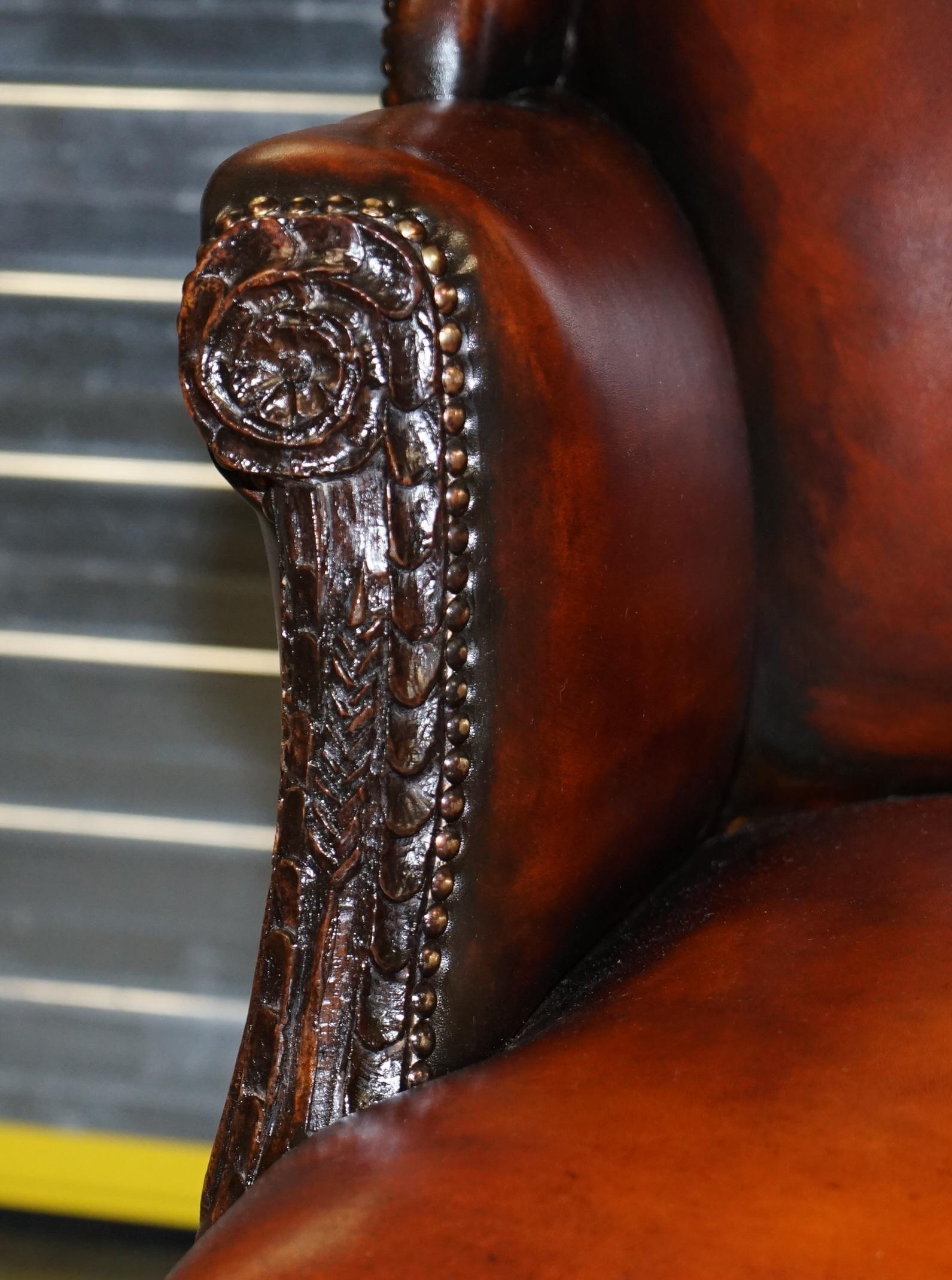 Restored Early 18th Century circa 1720 Wingback Armchair Cigar Brown Leather 5