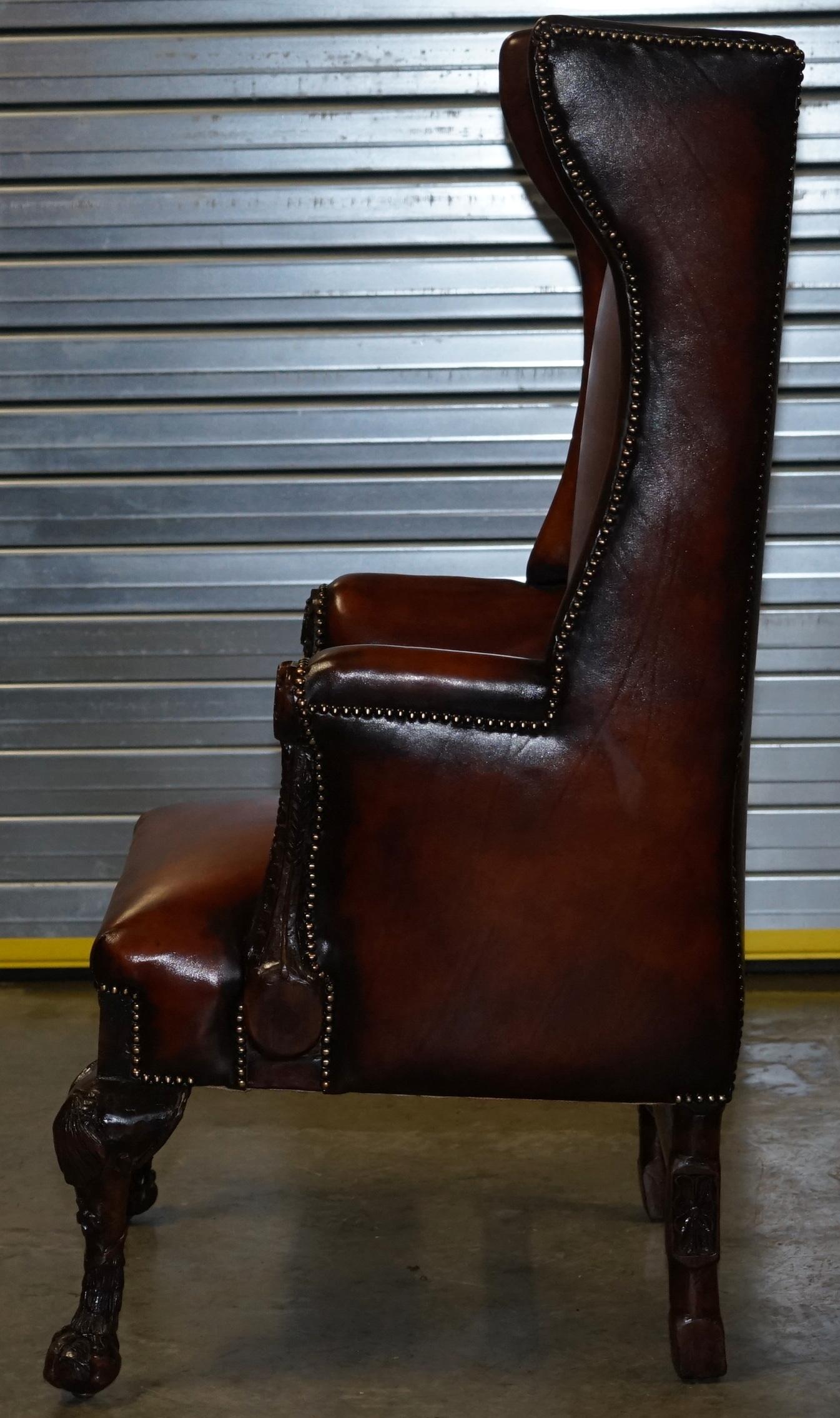 Restored Early 18th Century circa 1720 Wingback Armchair Cigar Brown Leather 12