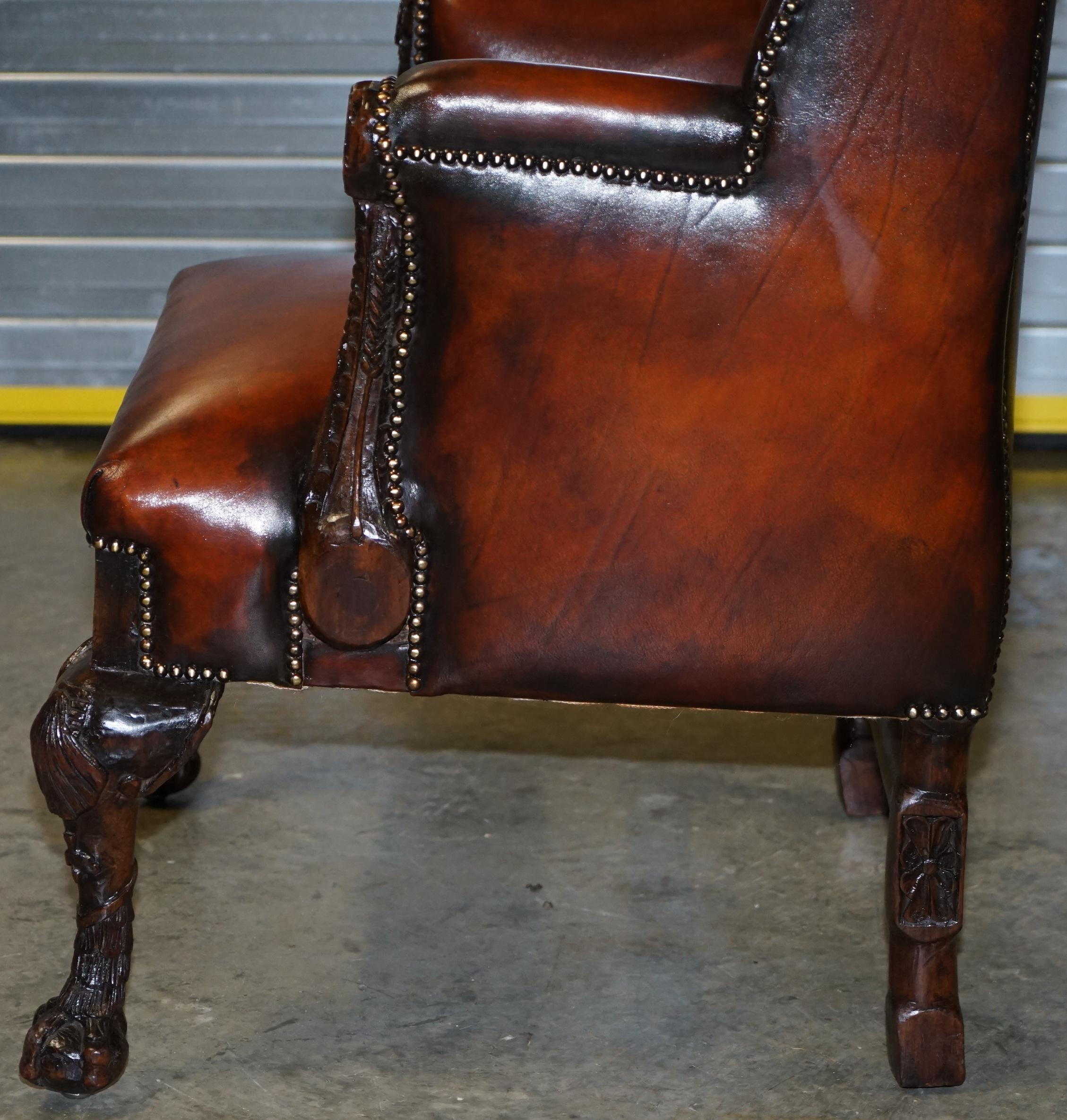 Restored Early 18th Century circa 1720 Wingback Armchair Cigar Brown Leather 13