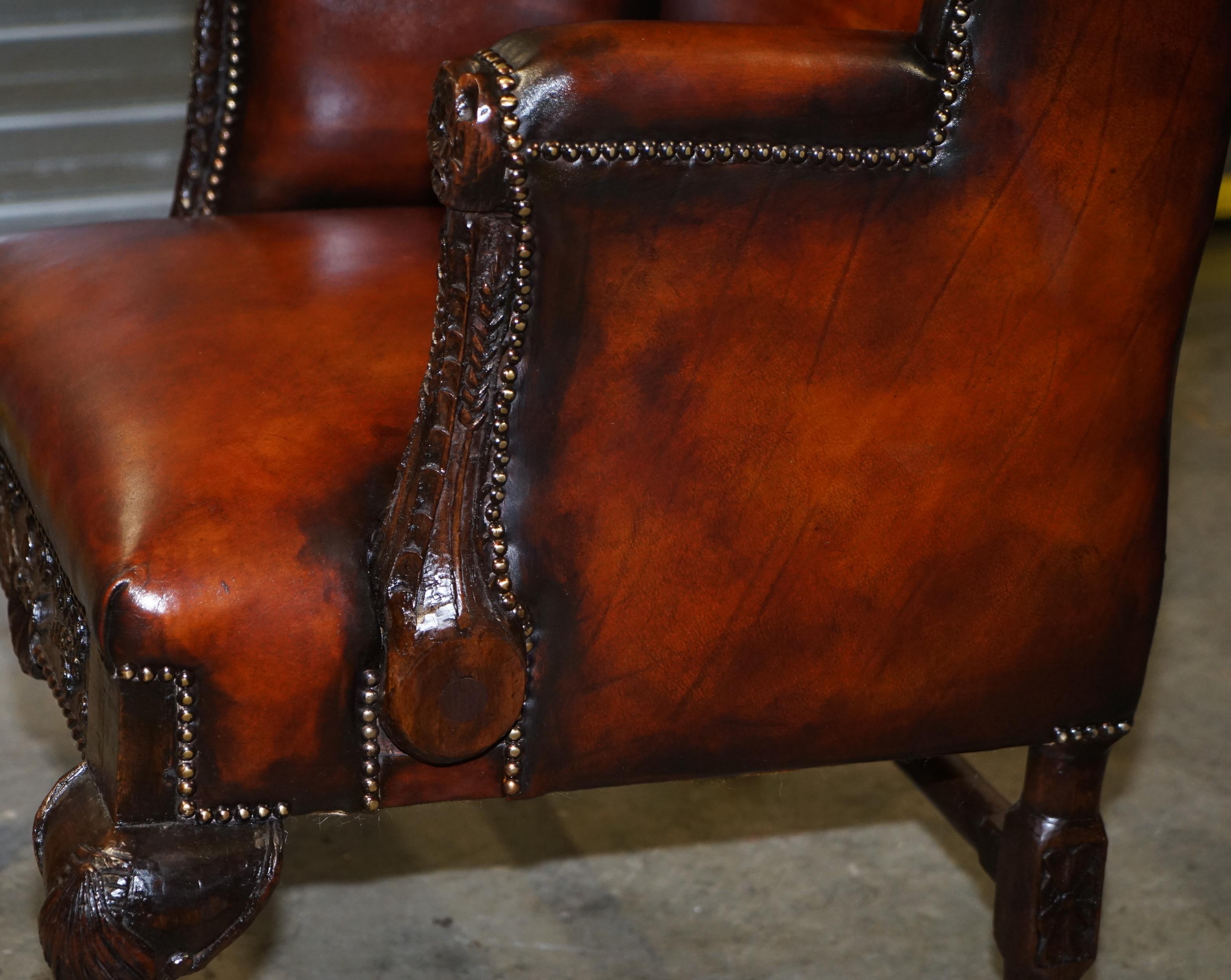 Restored Early 18th Century circa 1720 Wingback Armchair Cigar Brown Leather 14