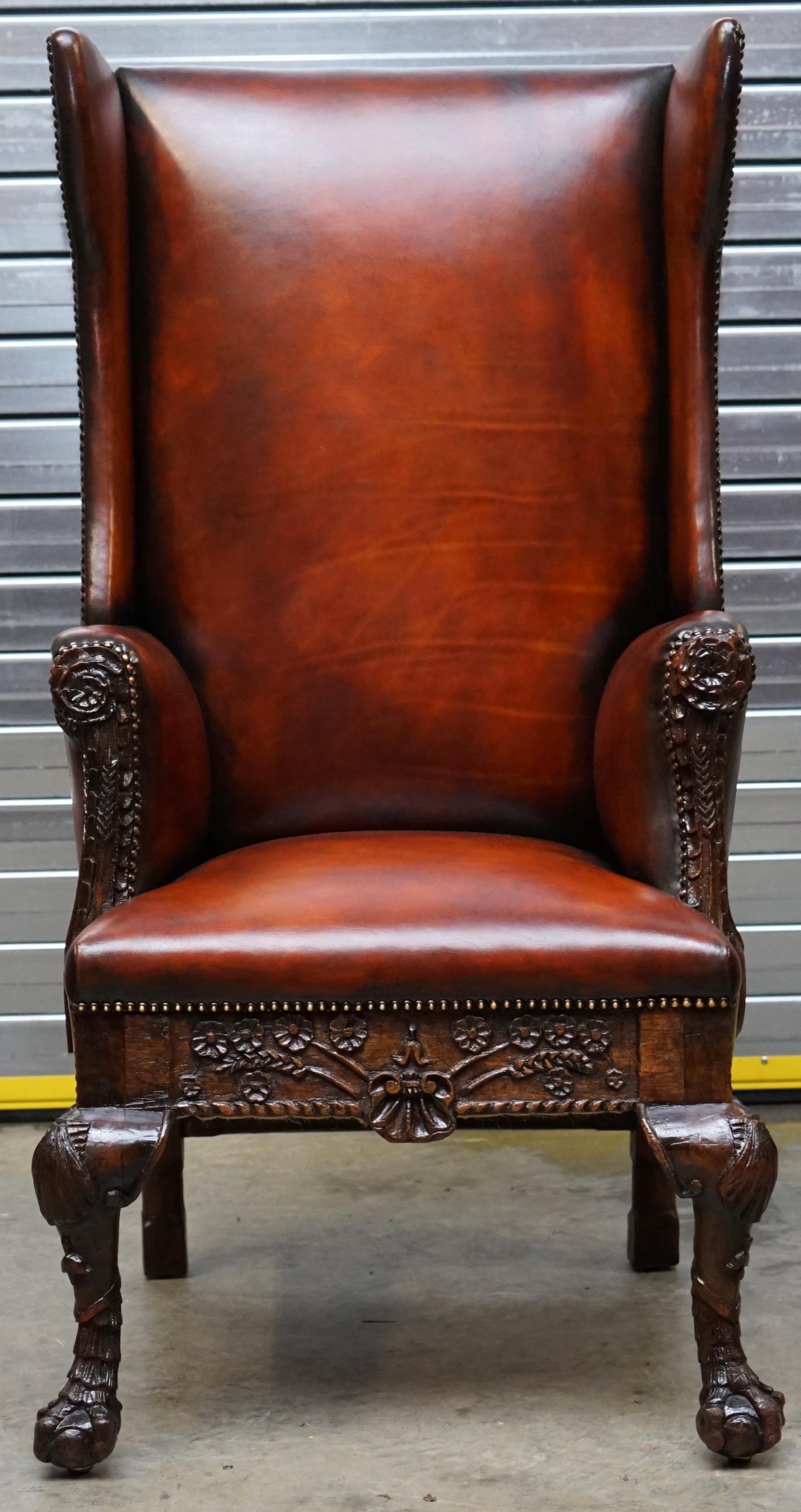 George I Restored Early 18th Century circa 1720 Wingback Armchair Cigar Brown Leather