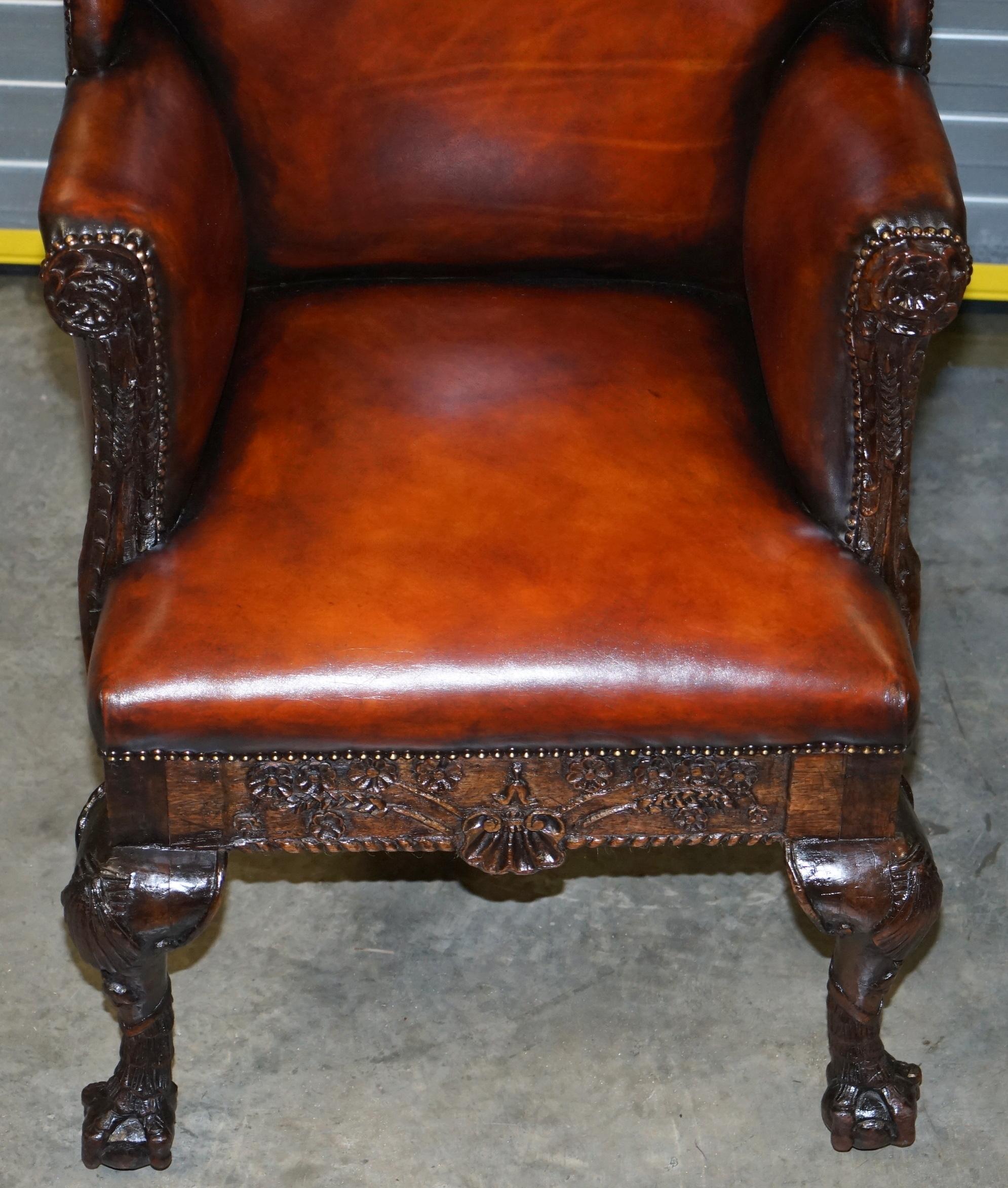 English Restored Early 18th Century circa 1720 Wingback Armchair Cigar Brown Leather