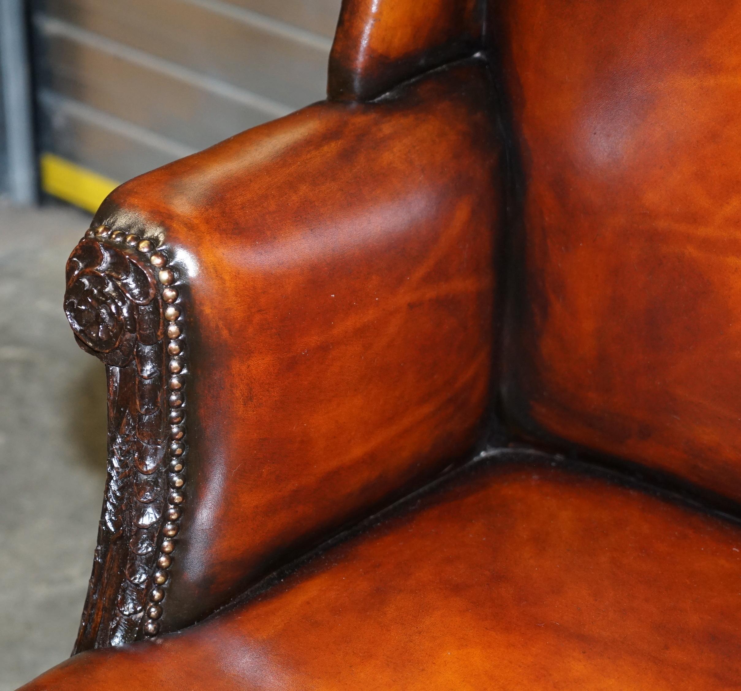 Restored Early 18th Century circa 1720 Wingback Armchair Cigar Brown Leather 1