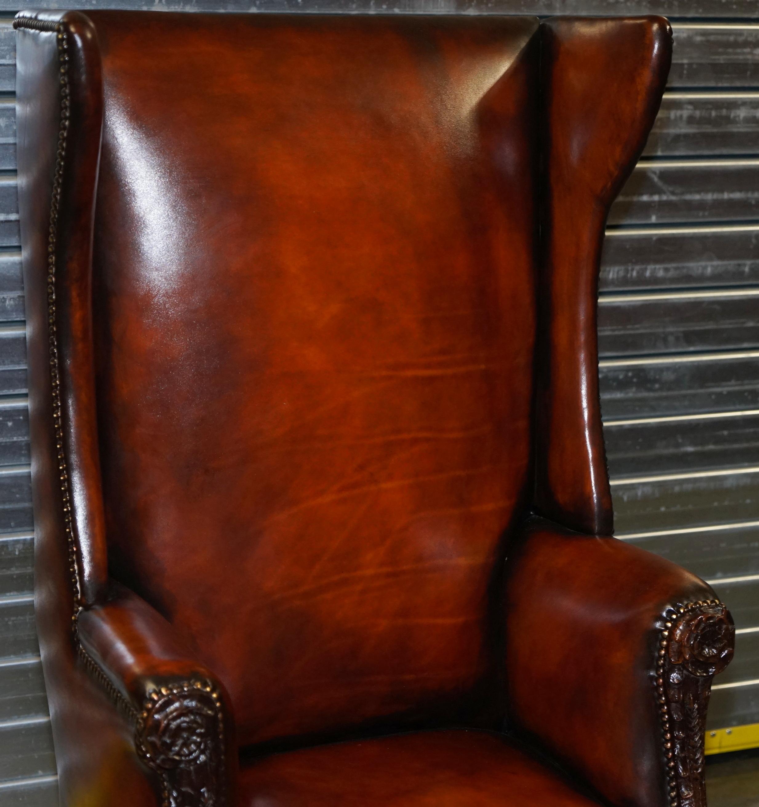 Restored Early 18th Century circa 1720 Wingback Armchair Cigar Brown Leather 3