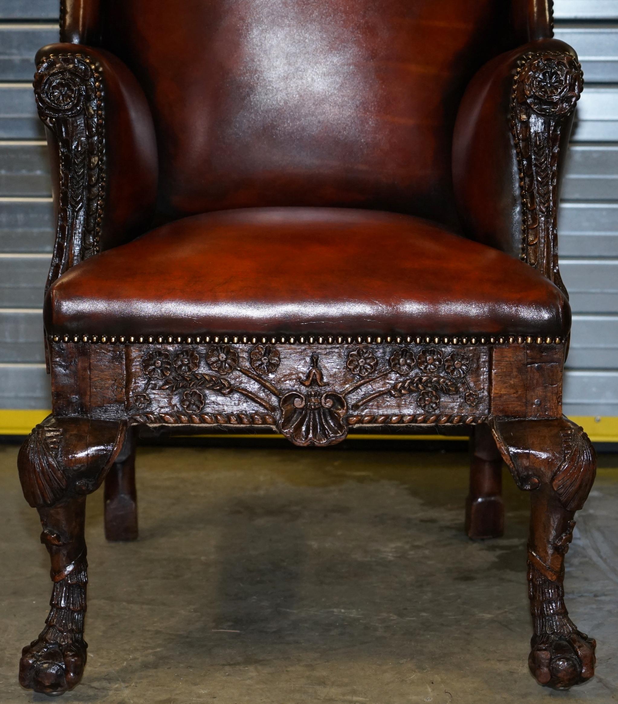 Restored Early 18th Century circa 1720 Wingback Armchair Cigar Brown Leather 4