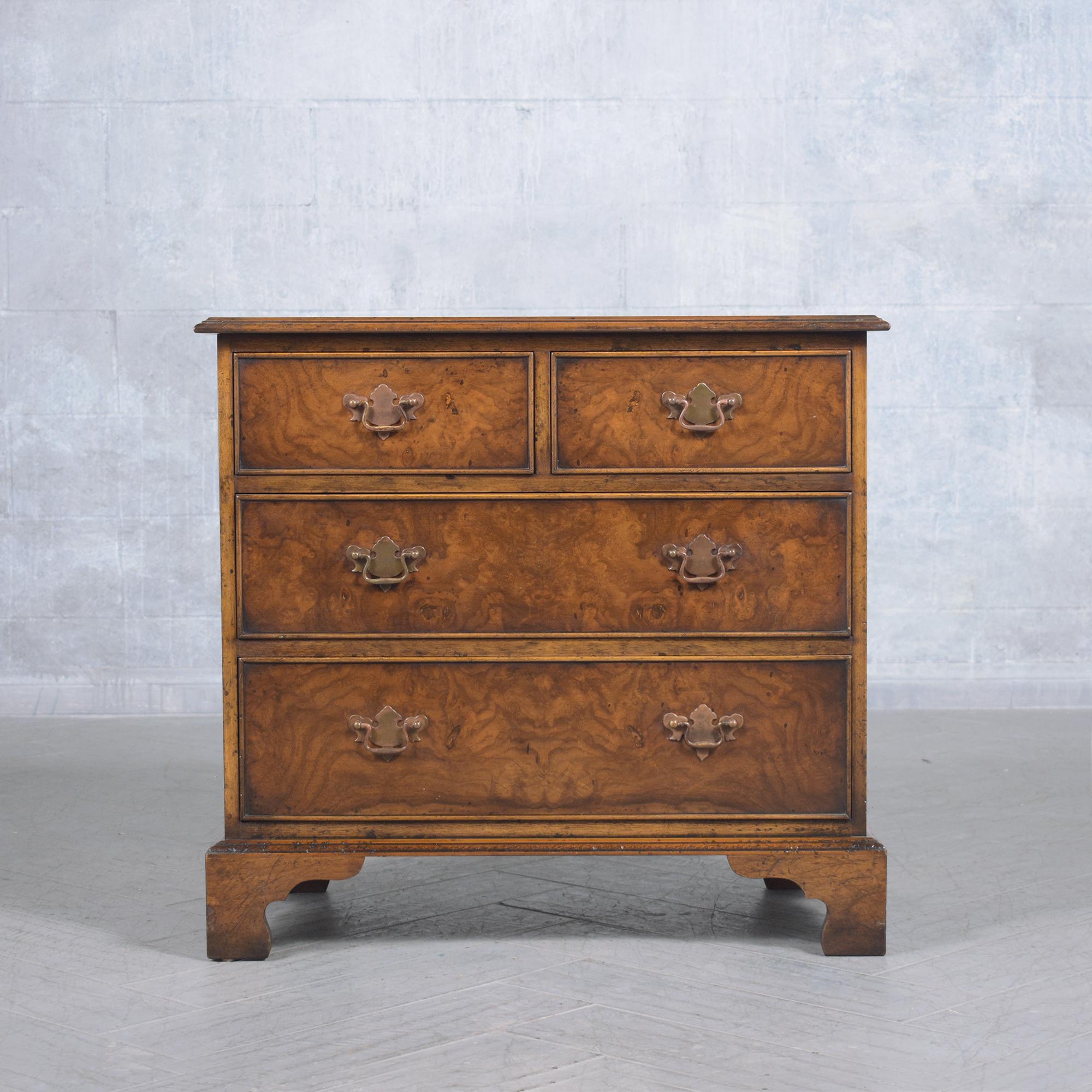 Elevate your interior with our early 1950s chest of drawers, a masterpiece meticulously hand-crafted from wood and enhanced with exotic burled veneers. This vintage piece stands testament to time, not just because of its age but also its great