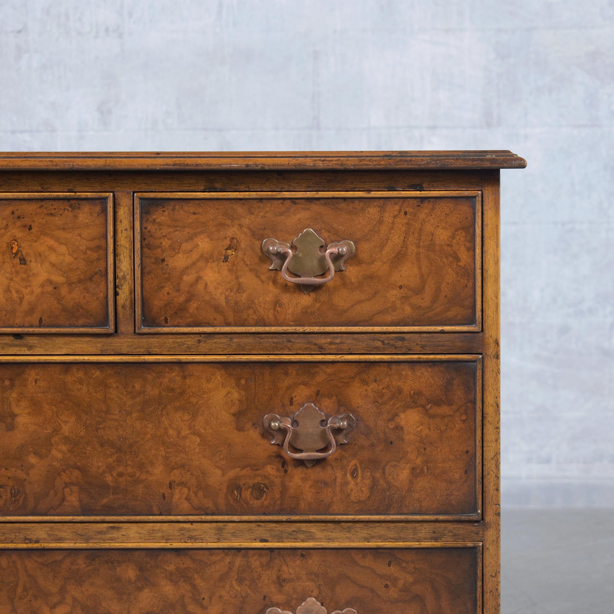 Mid-20th Century Restored Early 1950s Burled Veneers Chest of Drawers: A Vintage Patina Finish For Sale