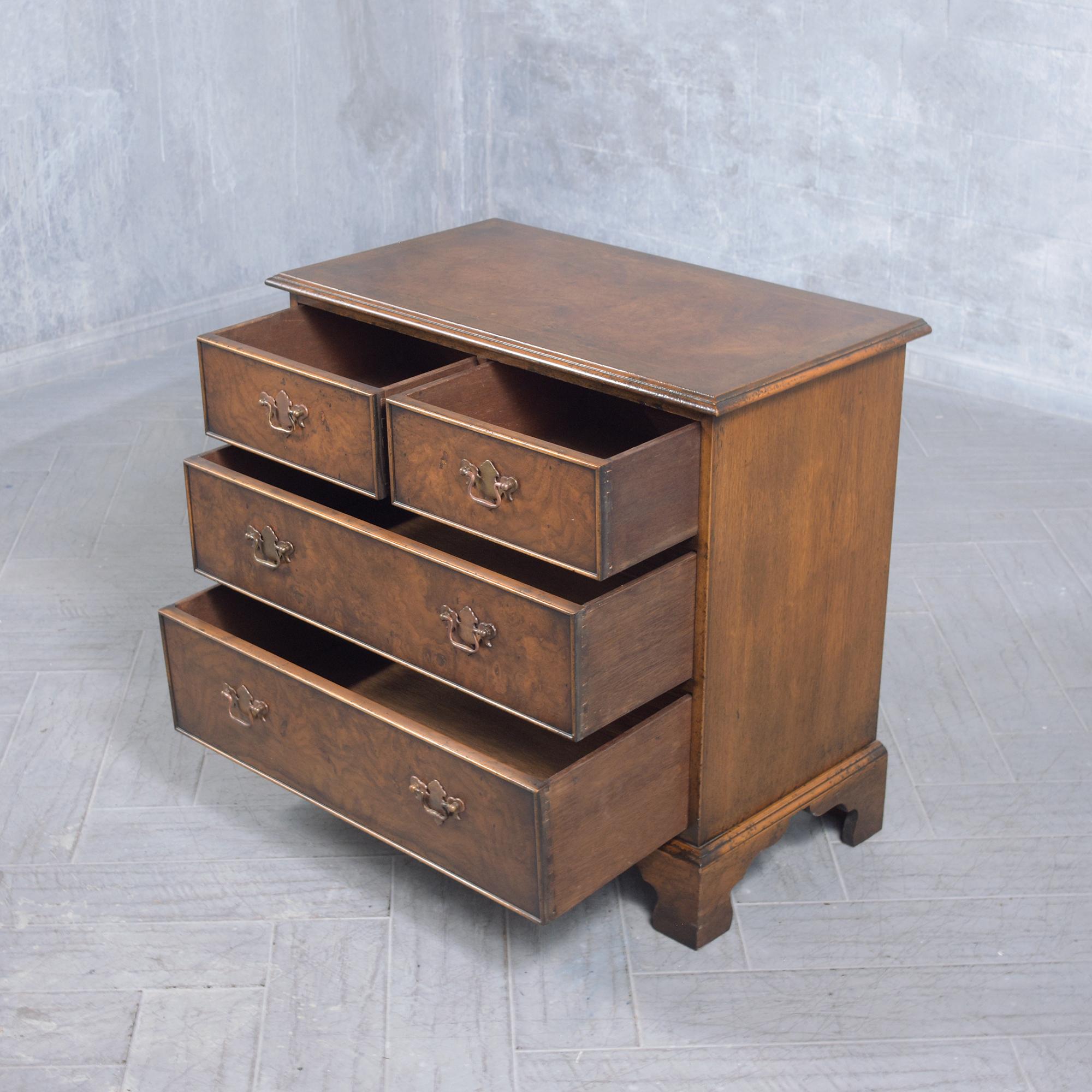 Restored Early 1950s Burled Veneers Chest of Drawers: A Vintage Patina Finish For Sale 1