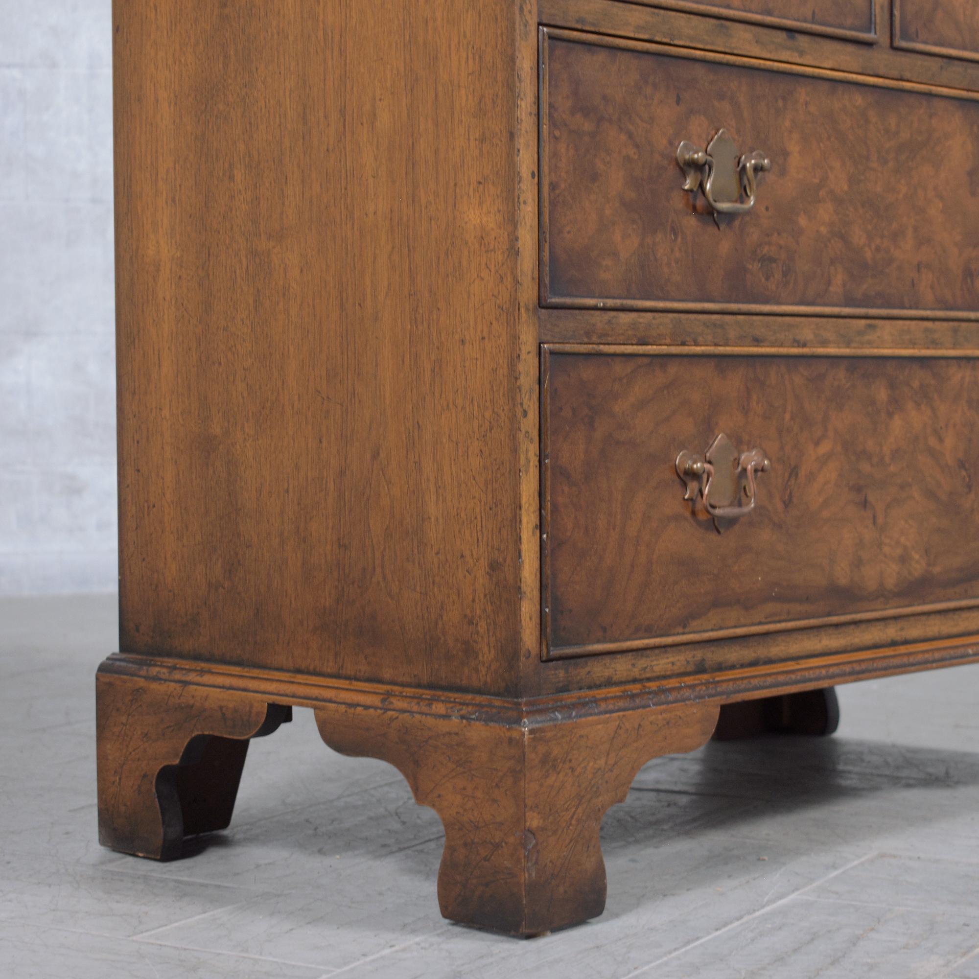 Restored Early 1950s Burled Veneers Chest of Drawers: A Vintage Patina Finish For Sale 2