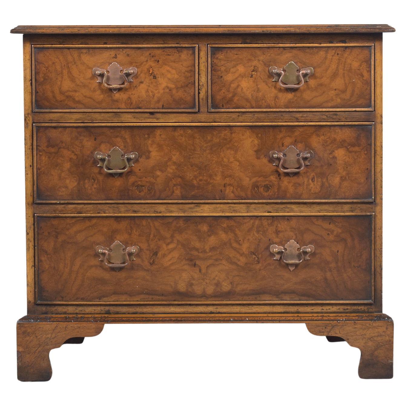 Restored Early 1950s Burled Veneers Chest of Drawers: A Vintage Patina Finish For Sale