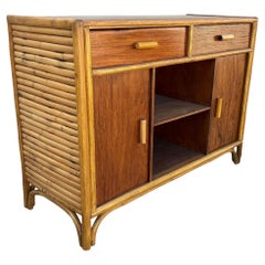 Restored Early Mid-century Stacked Rattan Credenza TV Stand w/ Mahogany Top