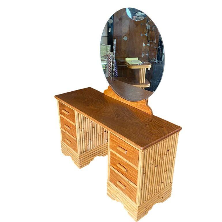 American Restored Early Mid-century Stacked Rattan & Mahogany Vanity w/ Round Mirror For Sale