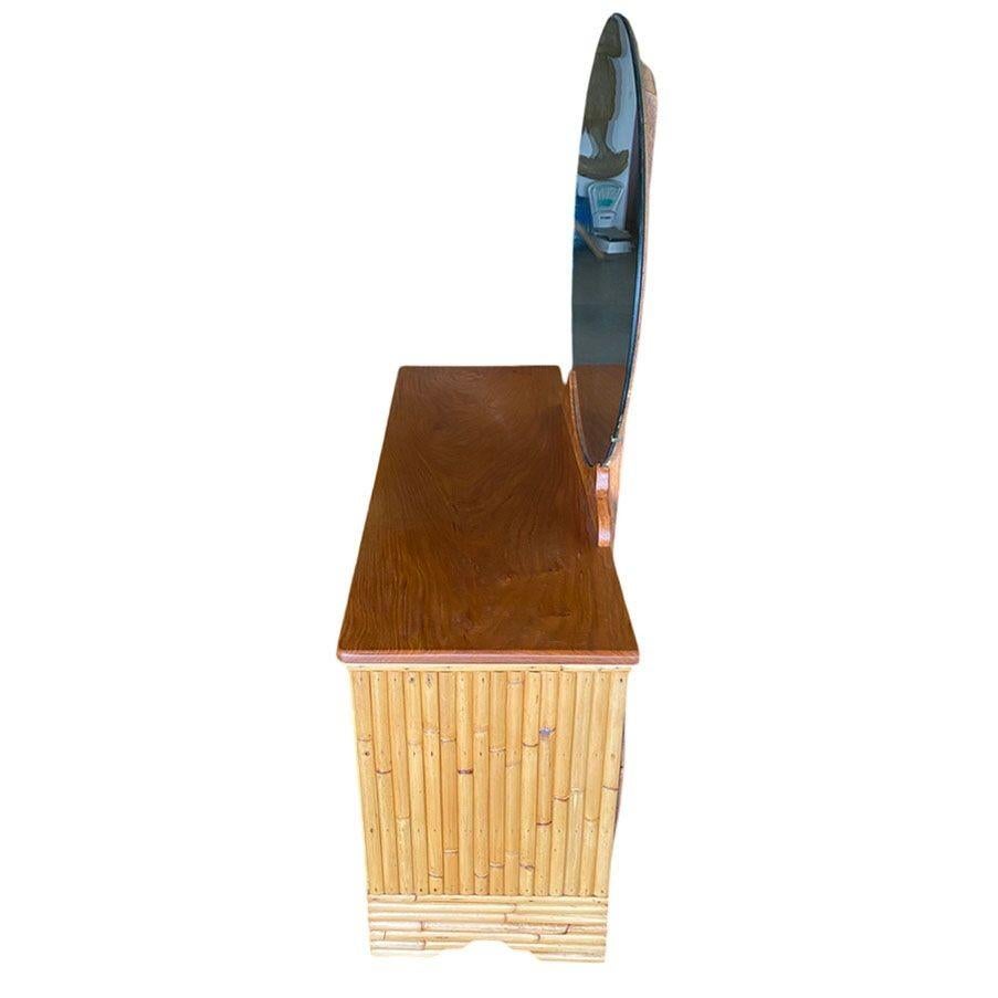 Mid-20th Century Restored Early Mid-century Stacked Rattan & Mahogany Vanity w/ Round Mirror For Sale