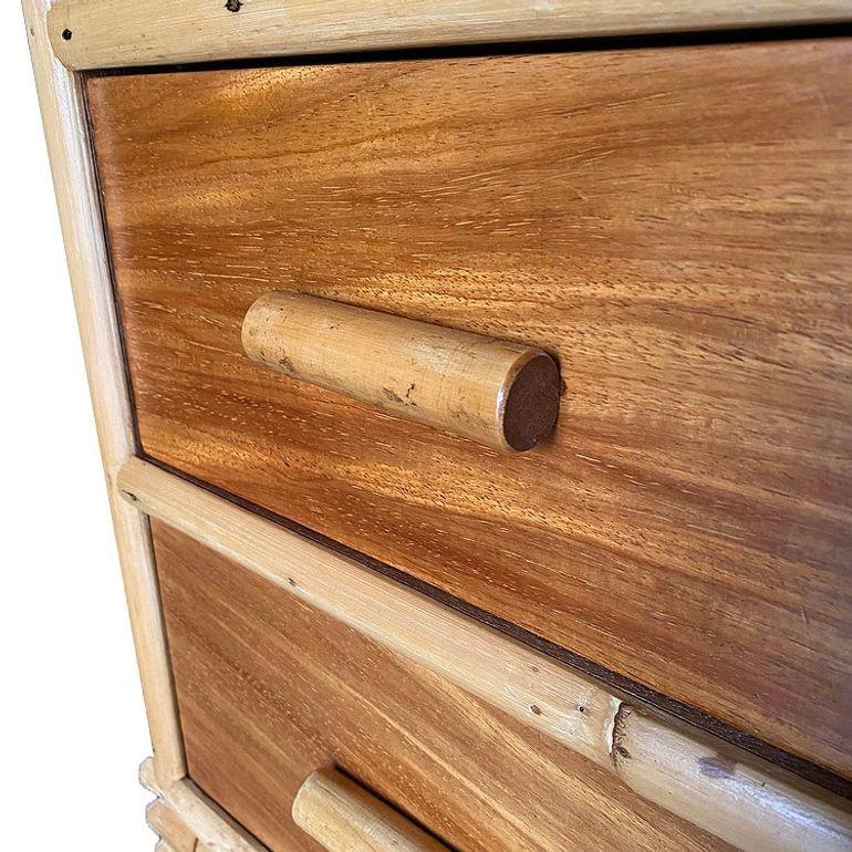 Restored Early Mid-century Stacked Rattan & Mahogany Vanity w/ Round Mirror For Sale 1