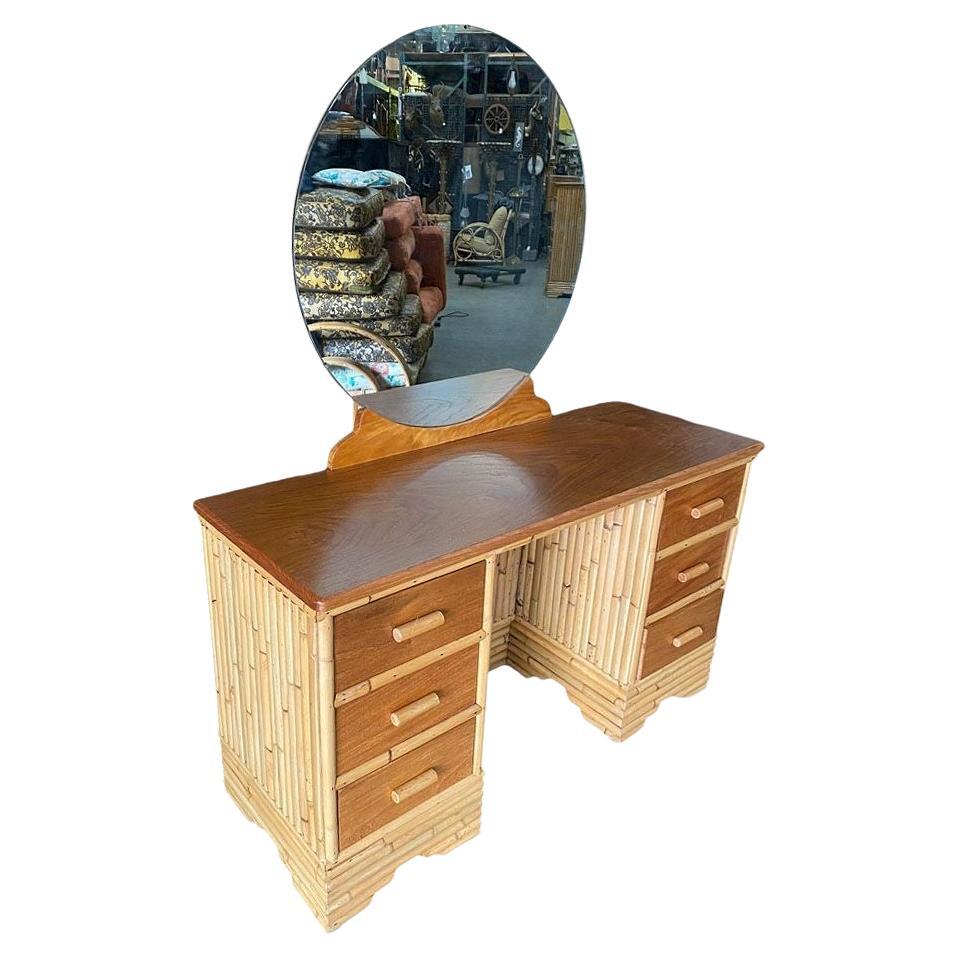 Restored Early Mid-century Stacked Rattan & Mahogany Vanity w/ Round Mirror For Sale