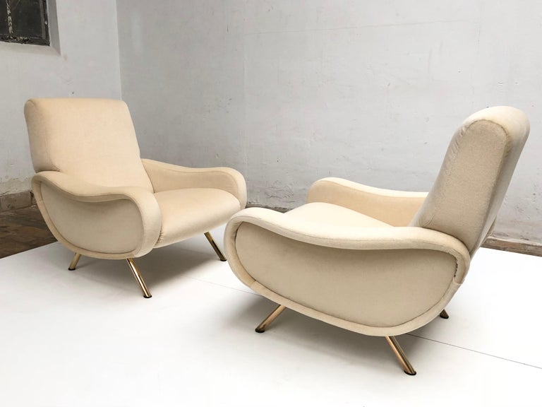 Mid-Century Modern Restored Early Production Wood Frame Zanuso 'Lady' Chairs, 1951, Mohair Fabric  For Sale