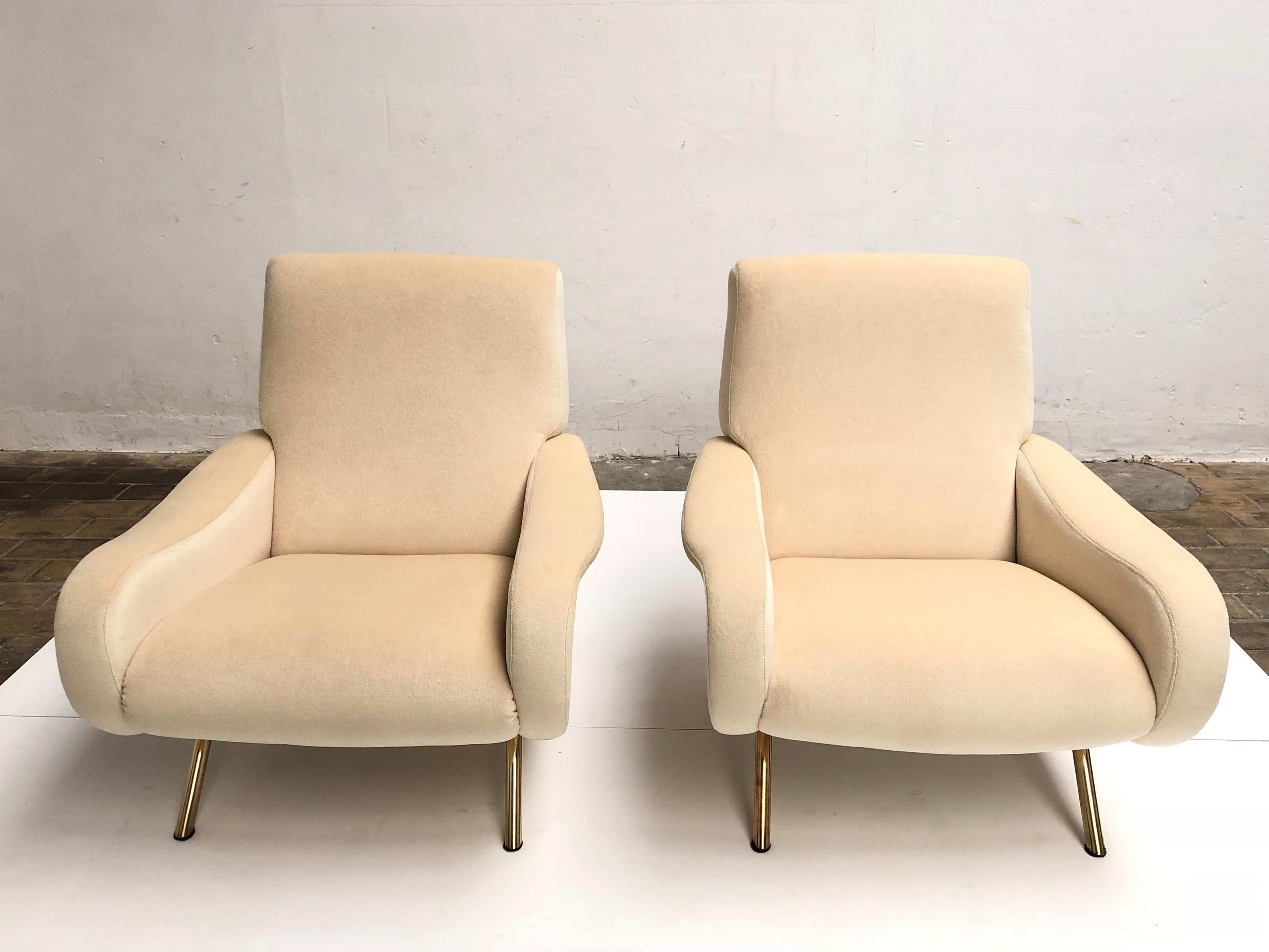 Italian Restored Early Production Wood Frame Zanuso 'Lady' Chairs, 1951, Mohair Fabric 