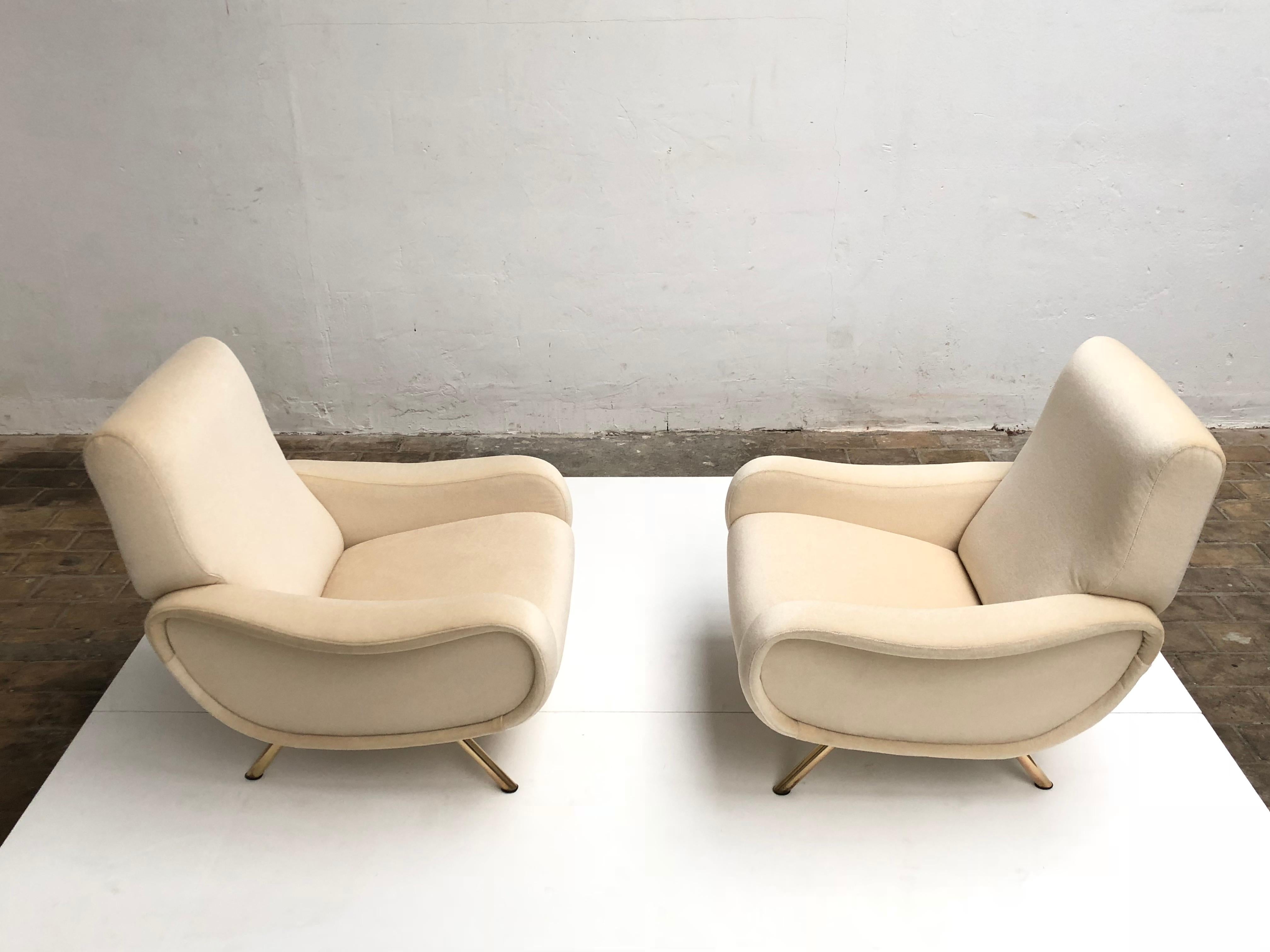 Brass Restored Early Production Wood Frame Zanuso 'Lady' Chairs, 1951, Mohair Fabric 