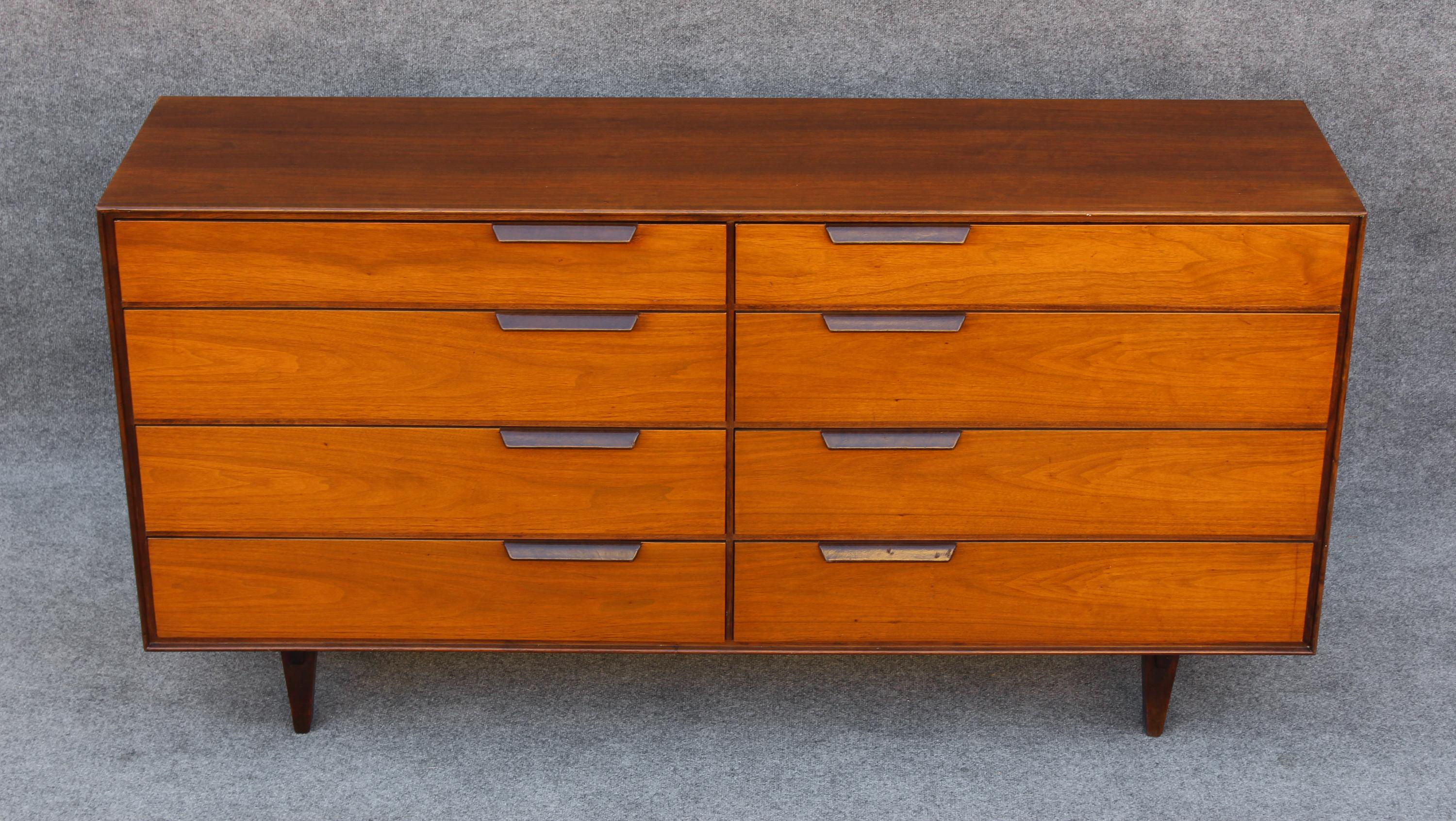 Mid-Century Modern Restored Edward Wormley Dunbar Walnut & Leather 8-Drawer Dresser or Cabinet For Sale