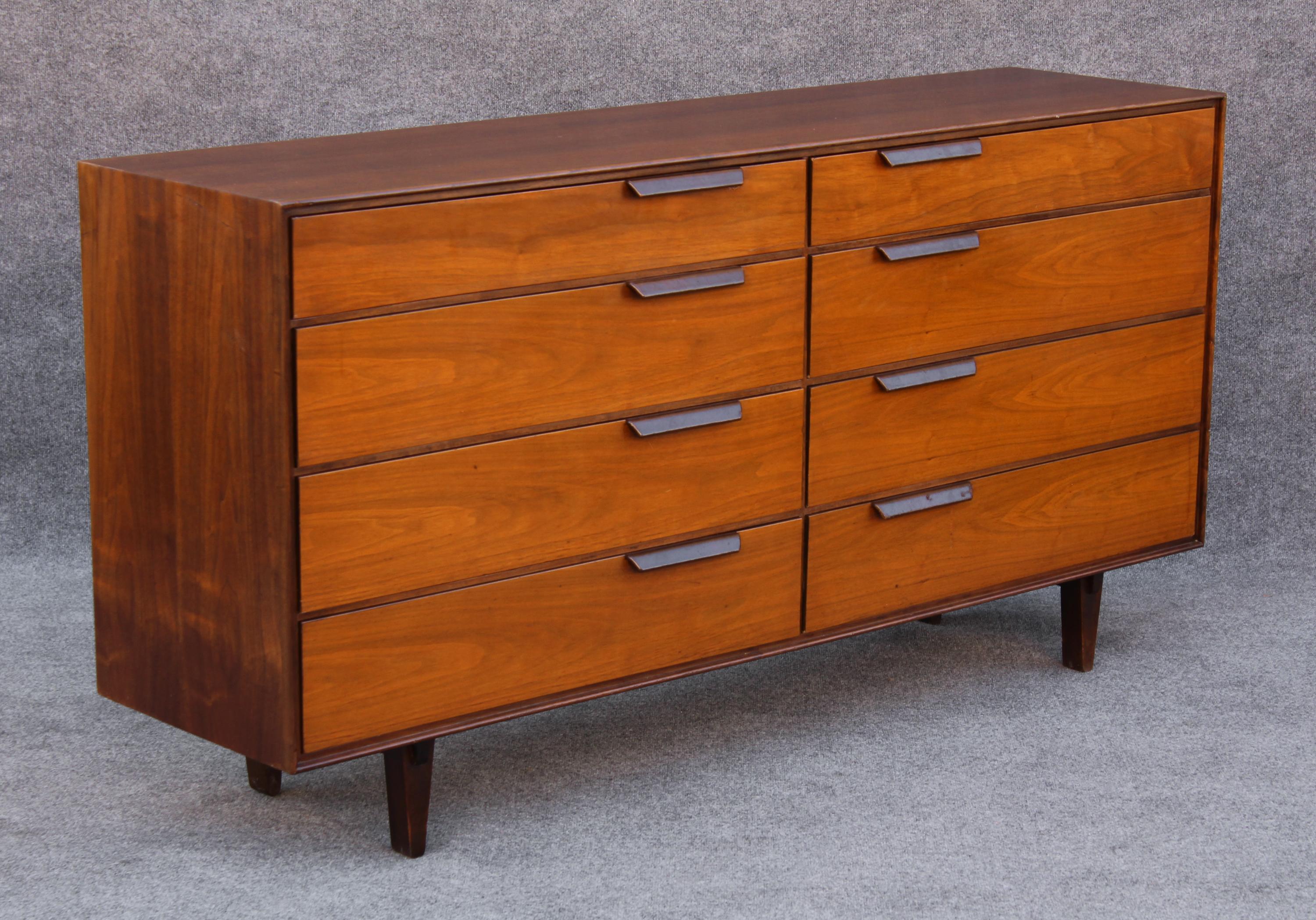 Restored Edward Wormley Dunbar Walnut & Leather 8-Drawer Dresser or Cabinet In Good Condition For Sale In Philadelphia, PA
