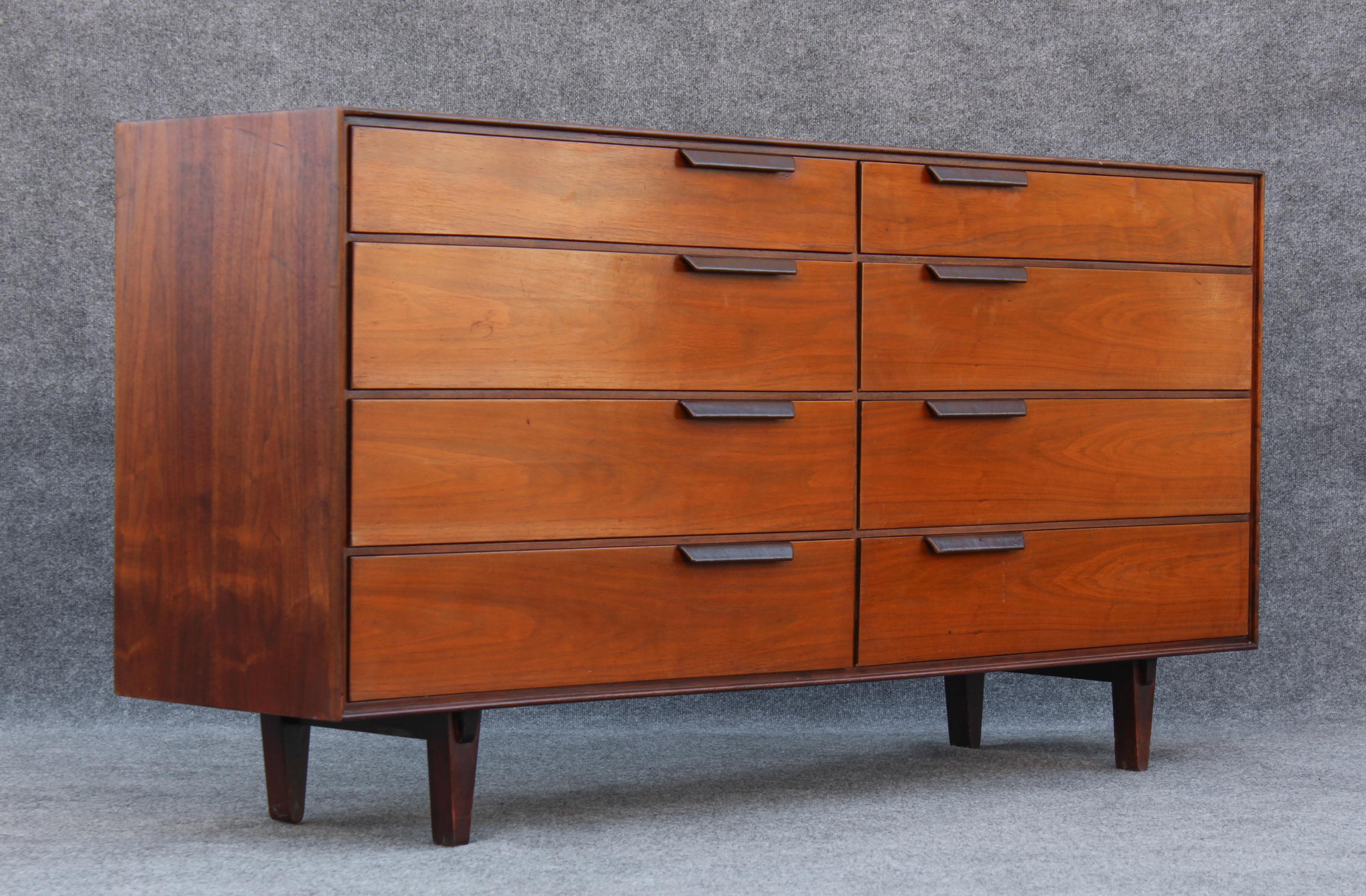 Restored Edward Wormley Dunbar Walnut & Leather 8-Drawer Dresser or Cabinet For Sale 1