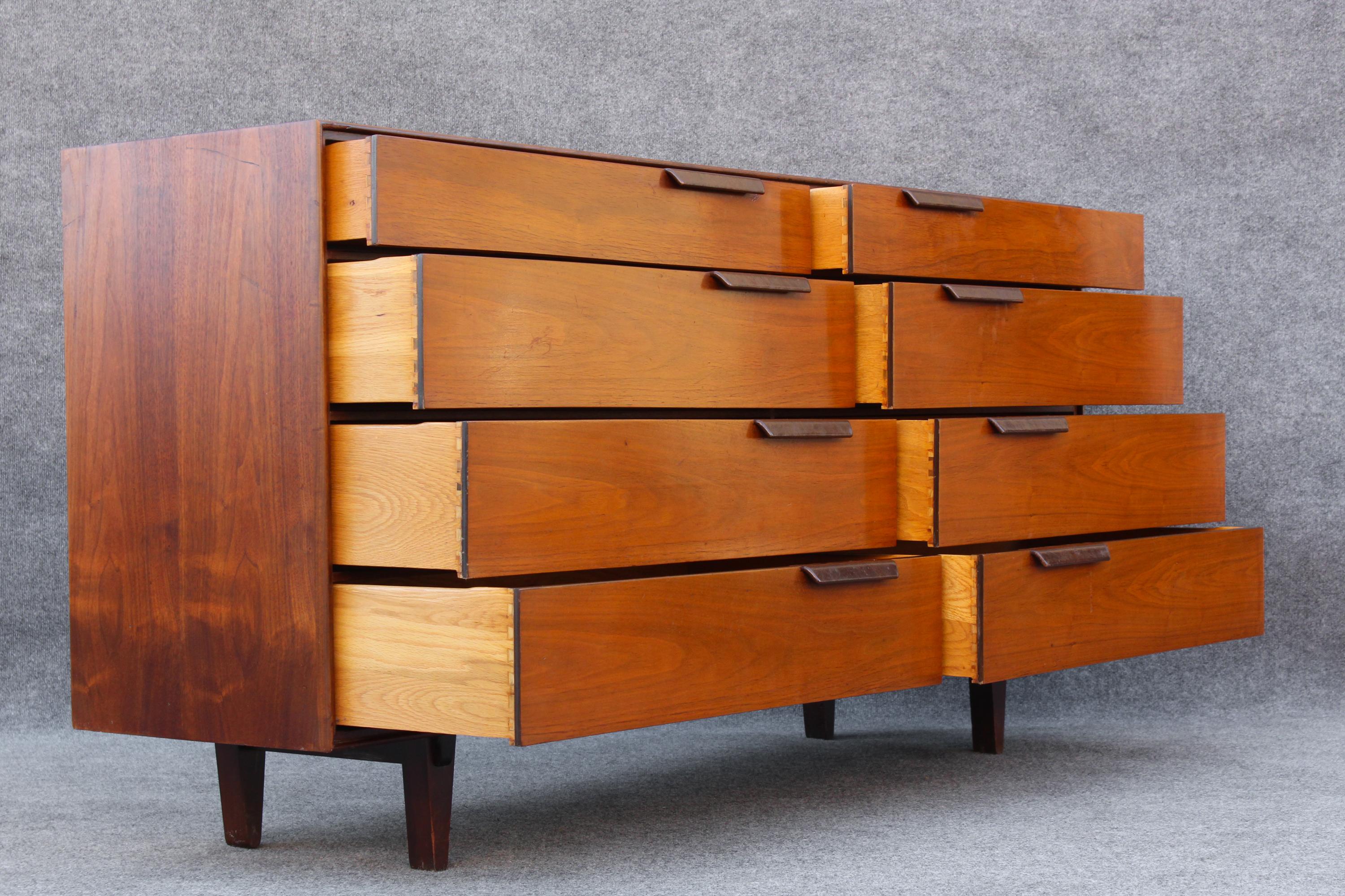 Restored Edward Wormley Dunbar Walnut & Leather 8-Drawer Dresser or Cabinet For Sale 3