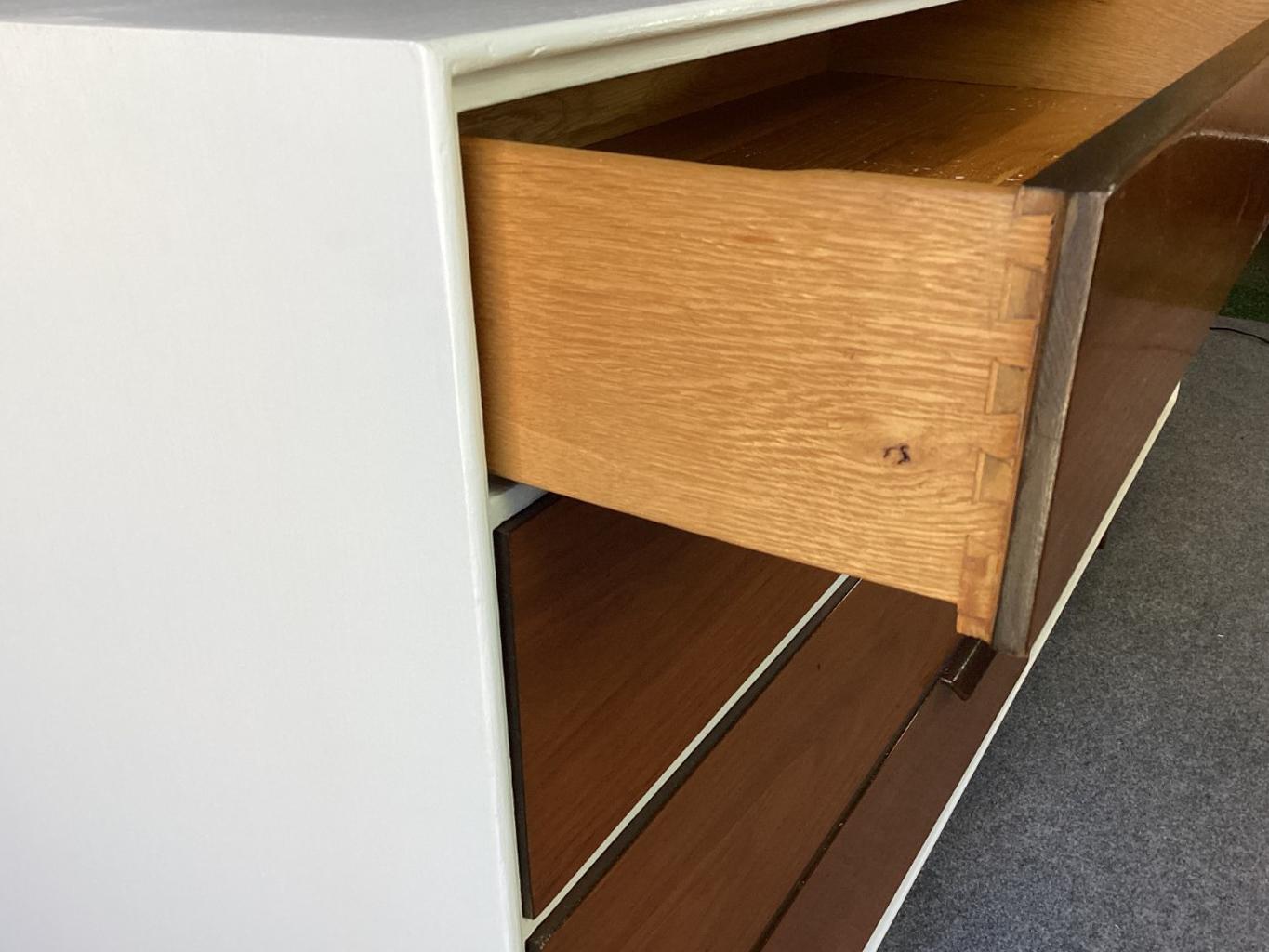 Restored Edward Wormley Dunbar White Enamel Walnut Leather Cabinet Dresser 1950s For Sale 5