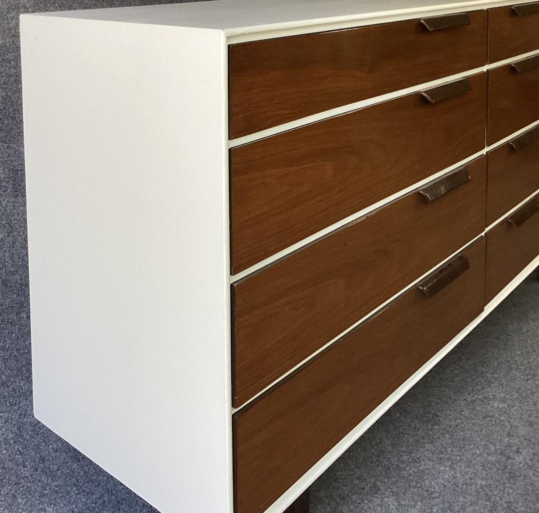 Restored Edward Wormley Dunbar White Enamel Walnut Leather Cabinet Dresser 1950s For Sale 1