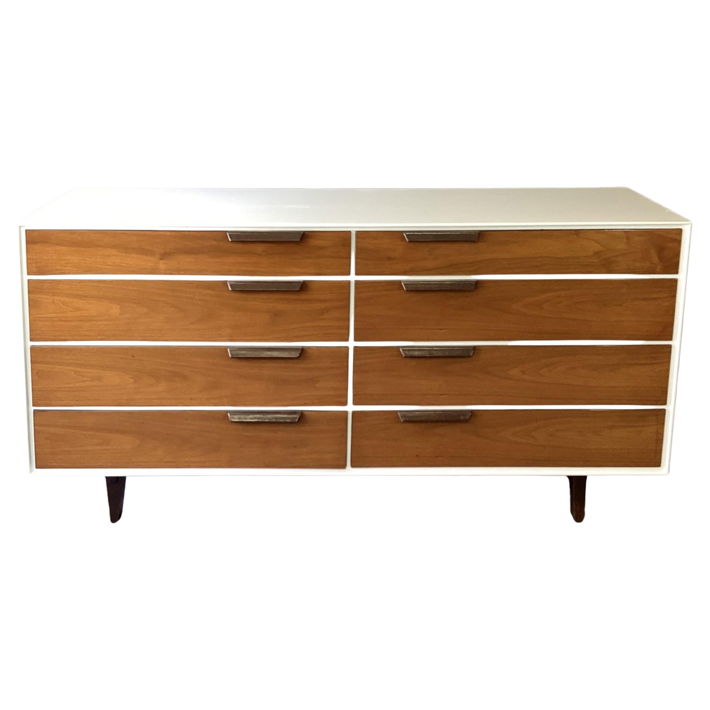 Restored Edward Wormley Dunbar White Enamel Walnut Leather Cabinet Dresser 1950s