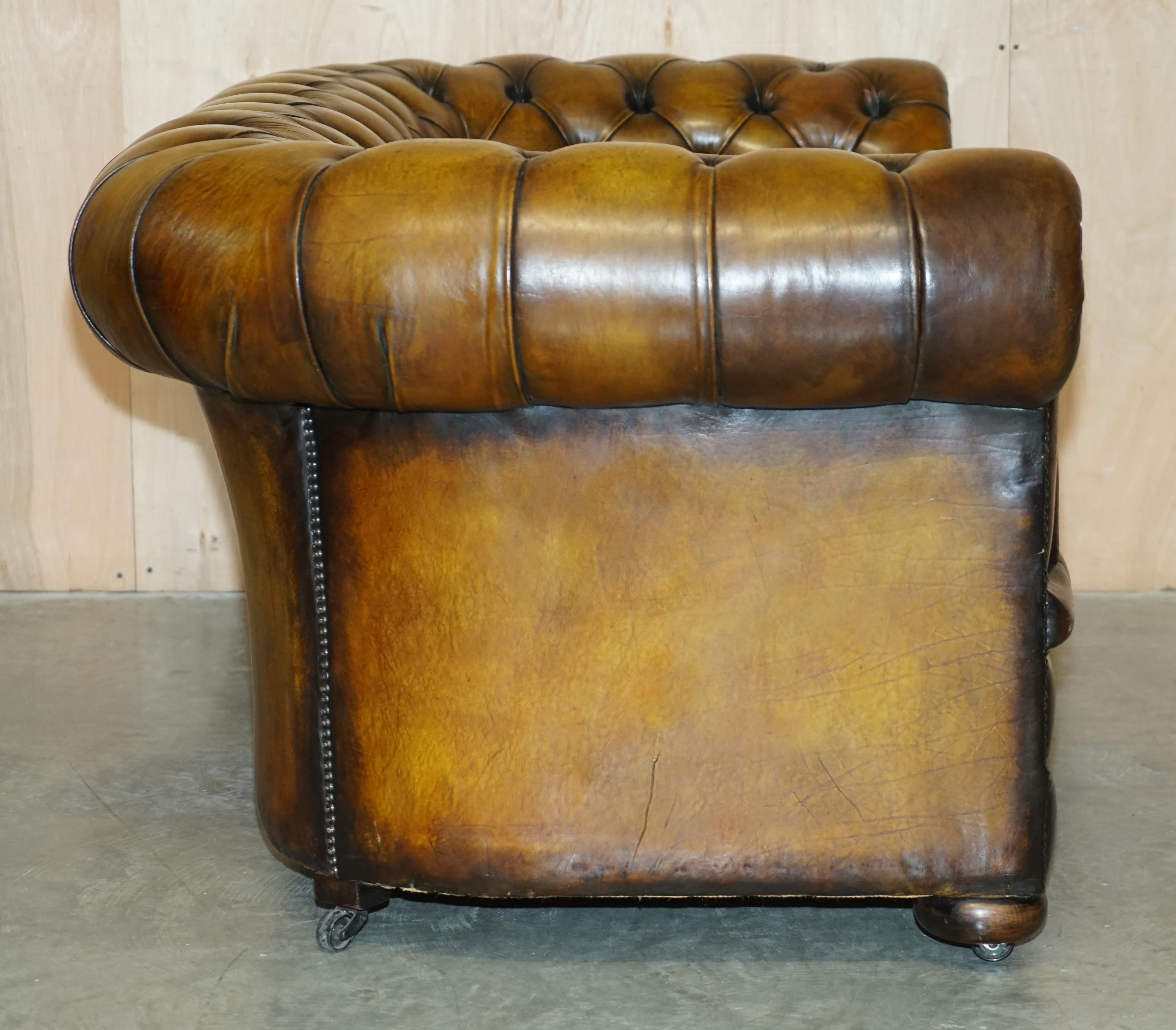 Restored Edwardian Fully Buttoned & Tuffted Chesterfield Brown Leather Sofa 7