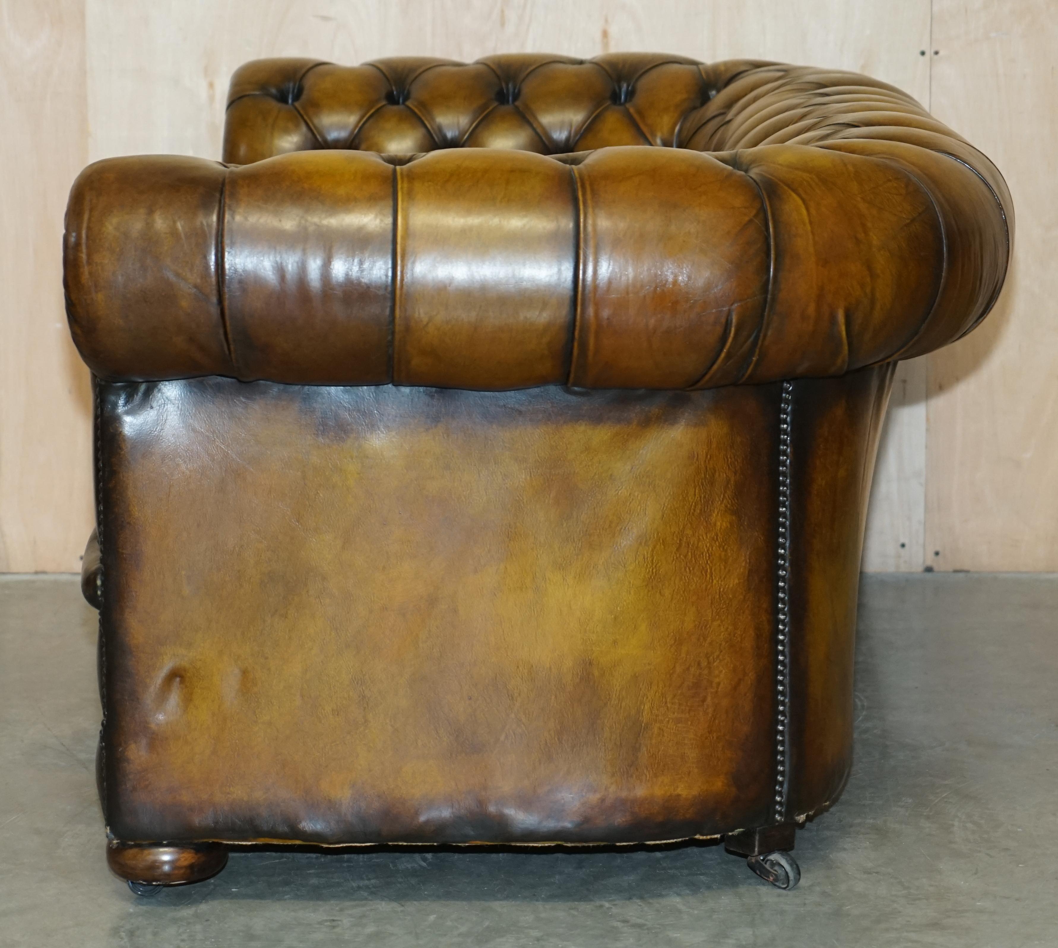 Restored Edwardian Fully Buttoned & Tuffted Chesterfield Brown Leather Sofa 9