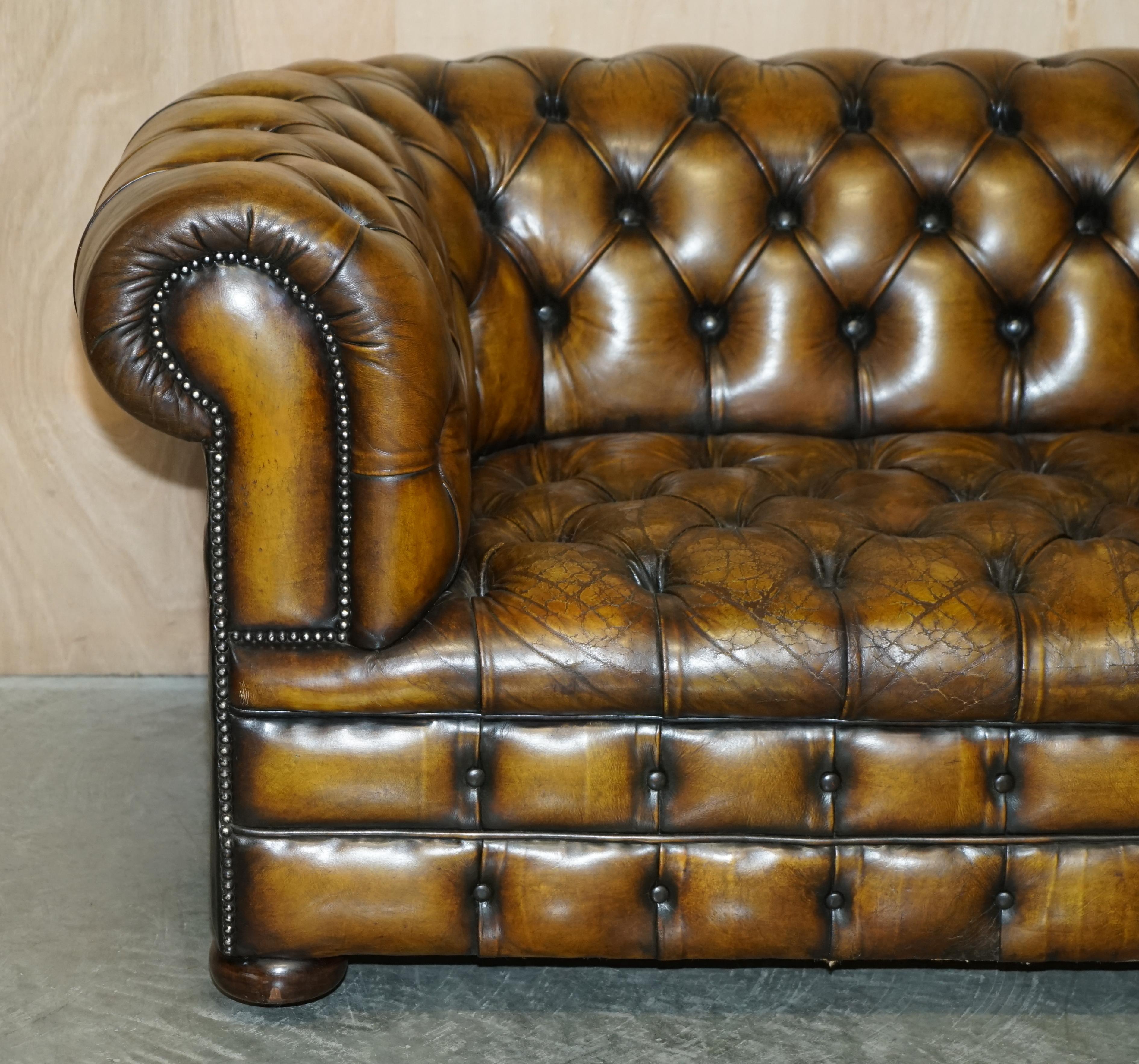 English Restored Edwardian Fully Buttoned & Tuffted Chesterfield Brown Leather Sofa