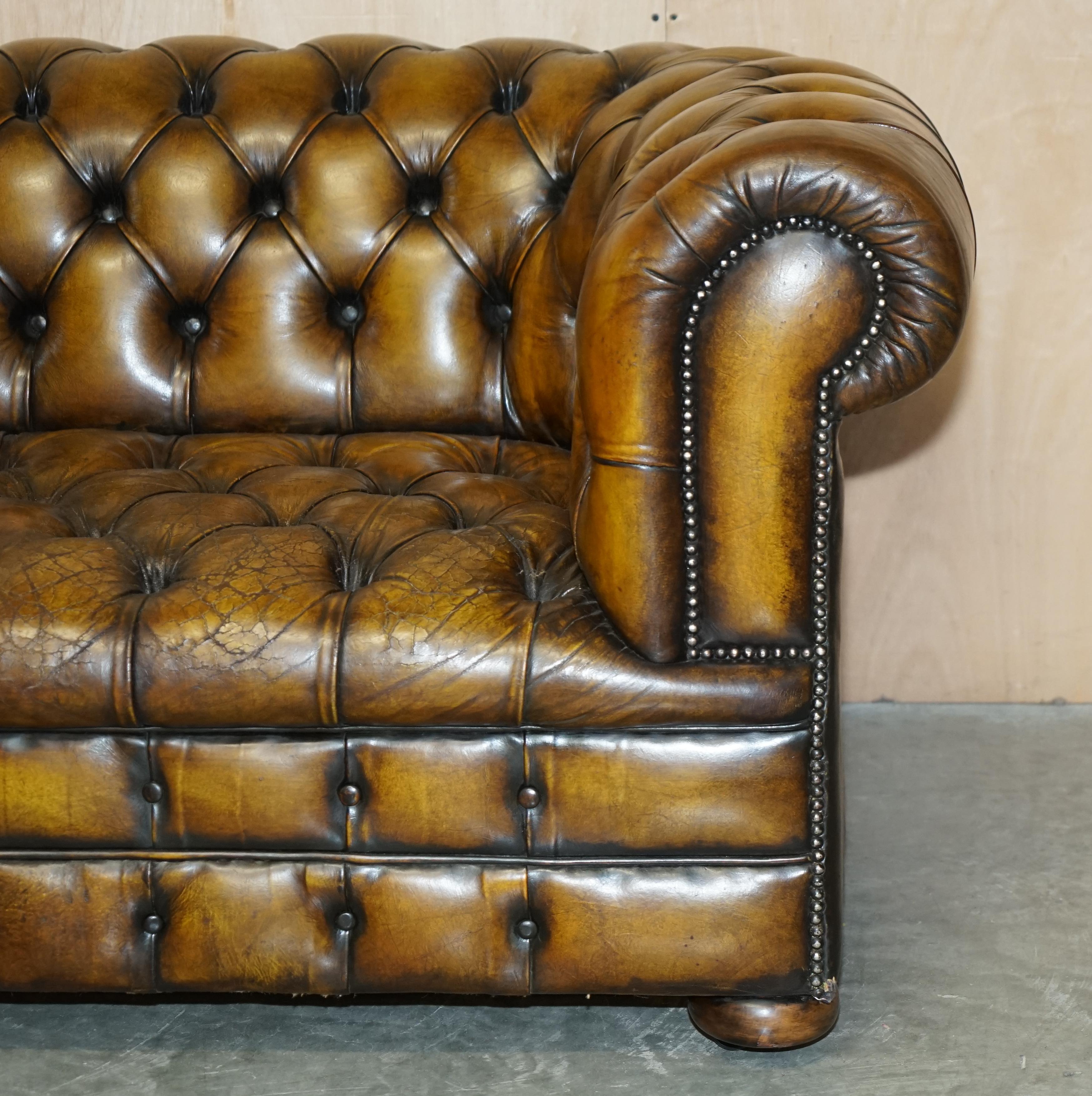 Restored Edwardian Fully Buttoned & Tuffted Chesterfield Brown Leather Sofa 3