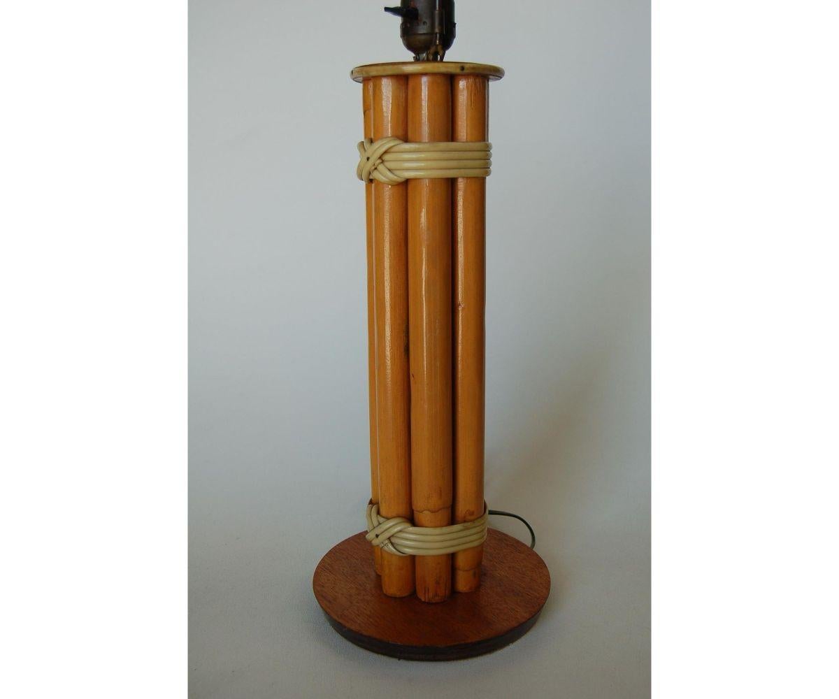 Restored Eight Rattan Pole Table Lamp W/ Wood Base In Excellent Condition For Sale In Van Nuys, CA