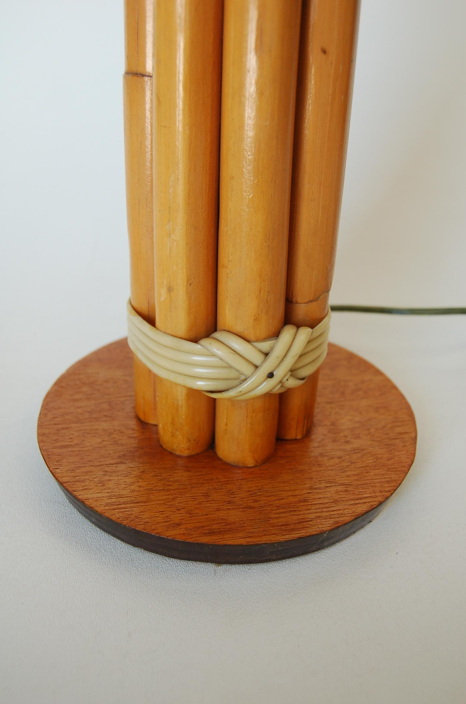 Restored Eight-Strand Rattan Pole Table Lamp on Wood Base with Fancy Wrappings In Excellent Condition In Van Nuys, CA
