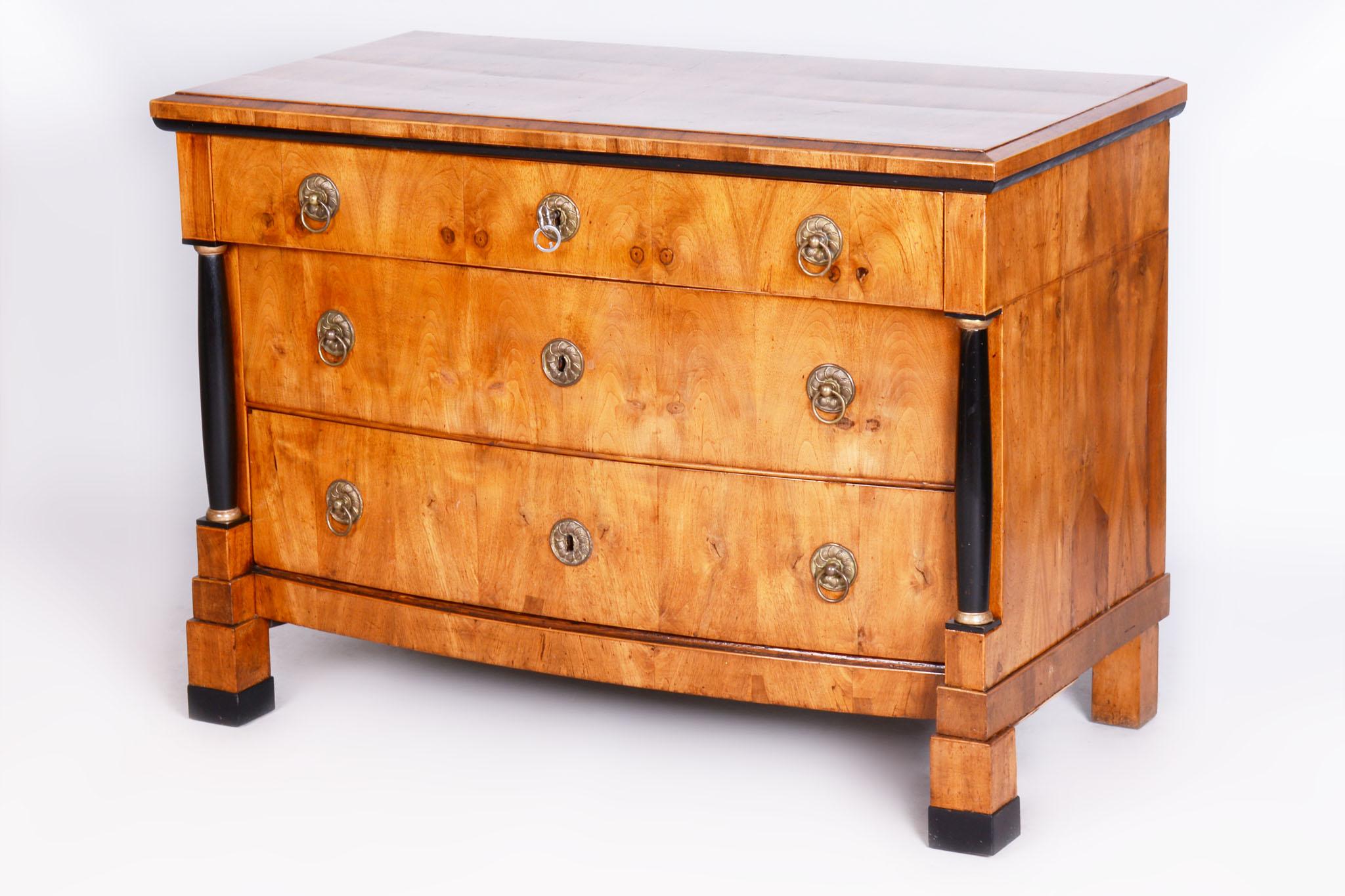This exquisite chest of drawers, originating from Austria in the early 19th century, is a perfect example of the Empire style. Made of solid spruce and walnut veneer, it impresses with its authentic appearance and precise craftsmanship. Blackened