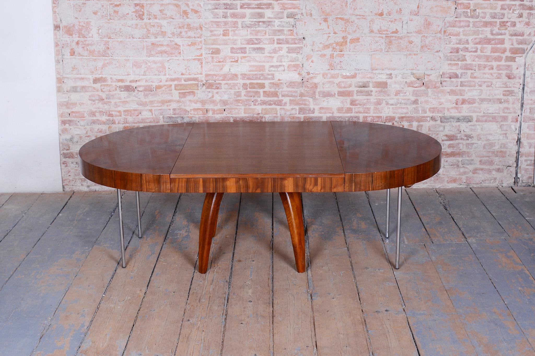 Steel Restored Extendable Dining Table, by Halabala, UP Zavody, Walnut, Czech, 1930s For Sale