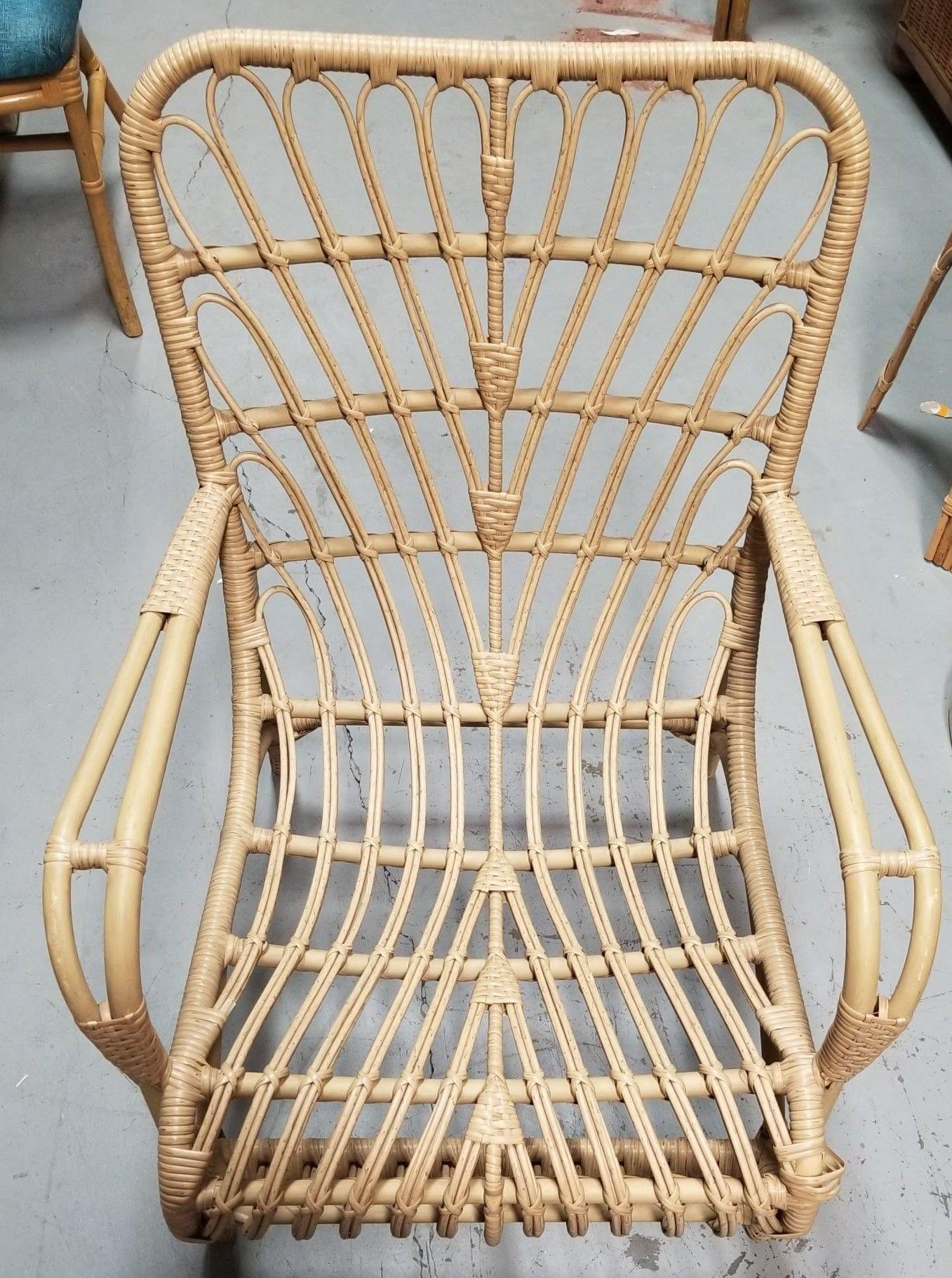 Pair of two faux rattan lounge chairs made of a lightweight comfortable plastic, no cushions needed. Perfect for outdoor patio settings.

Franco Albini, an Italian designer and architect of the 20th century, left an indelible mark on the design