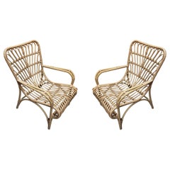Restored Faux Rattan Outdoor Lounge Chair Pair in the style of Franco Albini
